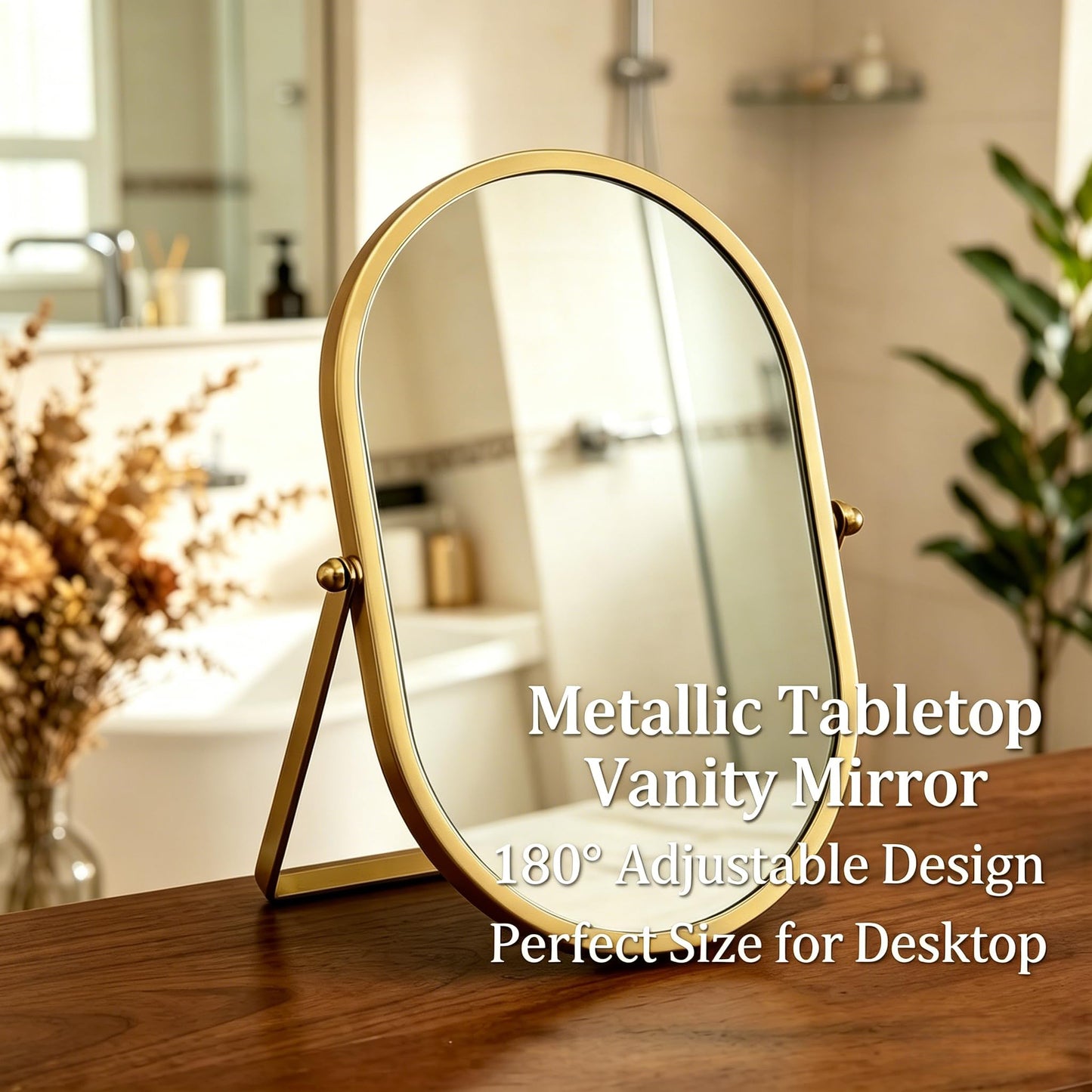 yxyzylzrx Gold Oval Vanity Mirror, 360° Rotation 180° Tilt Adjustable Desktop Makeup Mirror with Metal Frame, Decorative Standing Mirror for Bedroom, Bathroom, Living Room