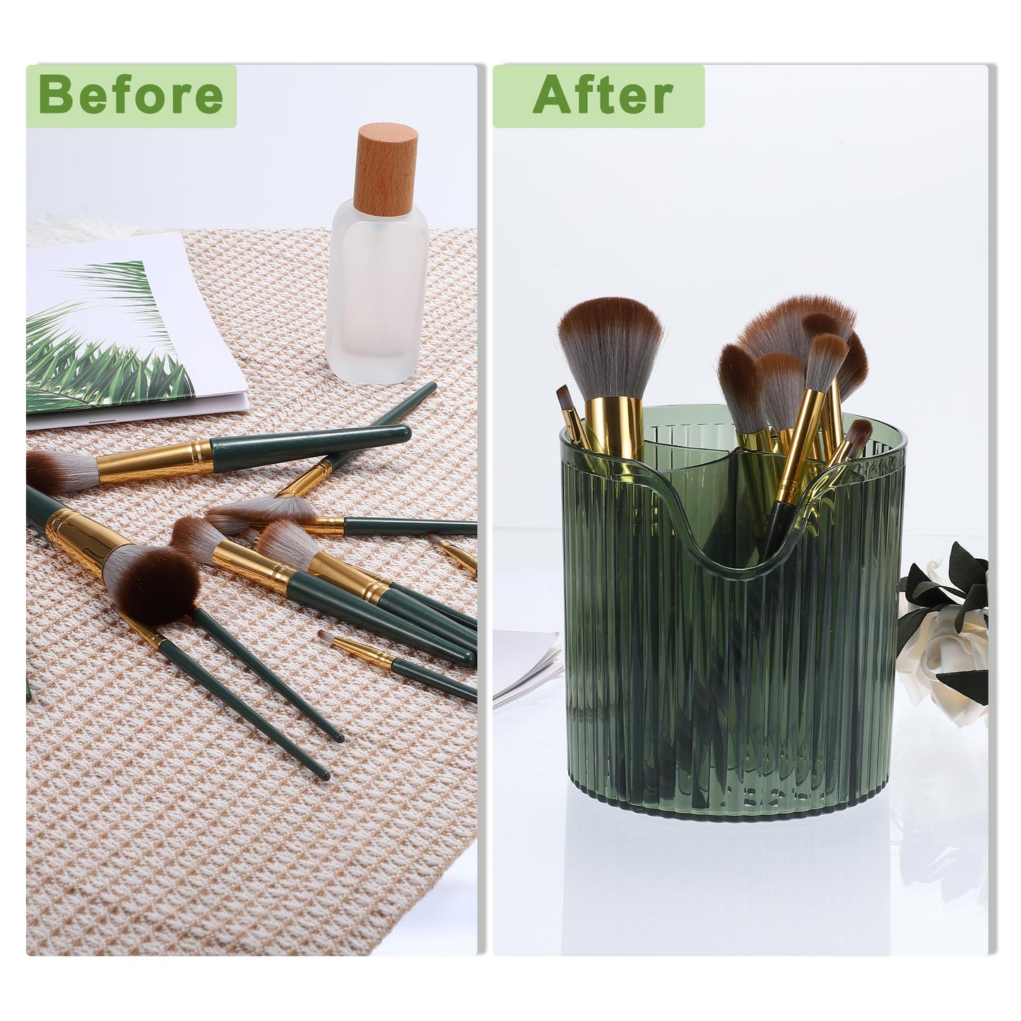 VOCOSTE Makeup Brush Cup, Makeup Organizer, 4 Slot Makeup Brush Holder, Cosmetics Storage Cup, for Vanity for Desktop, for Bathroom Countertops, Clear Green