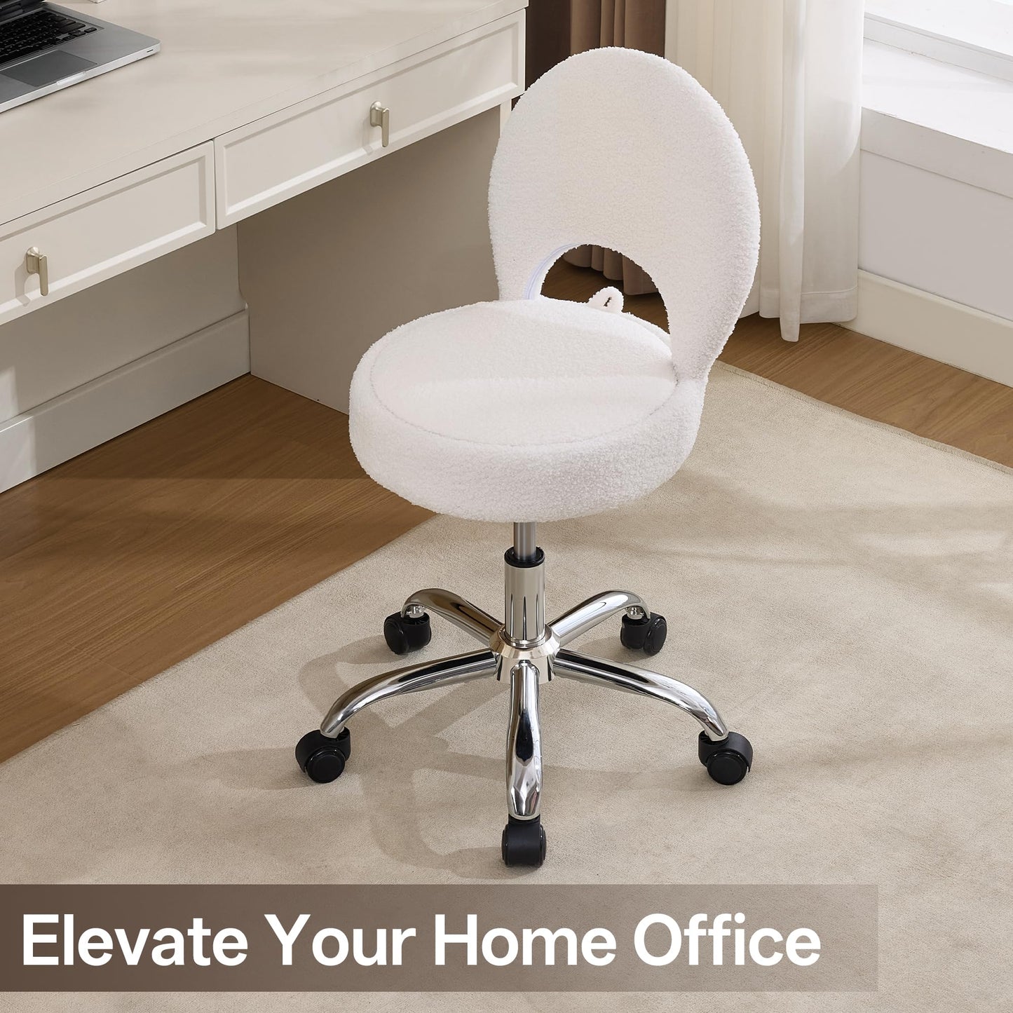 Forfutra Home Office Chair Foldable Vanity Chair Vanity Stool with Storage 15.8" Spacious Seat 360° Swivel Height Adjustable White