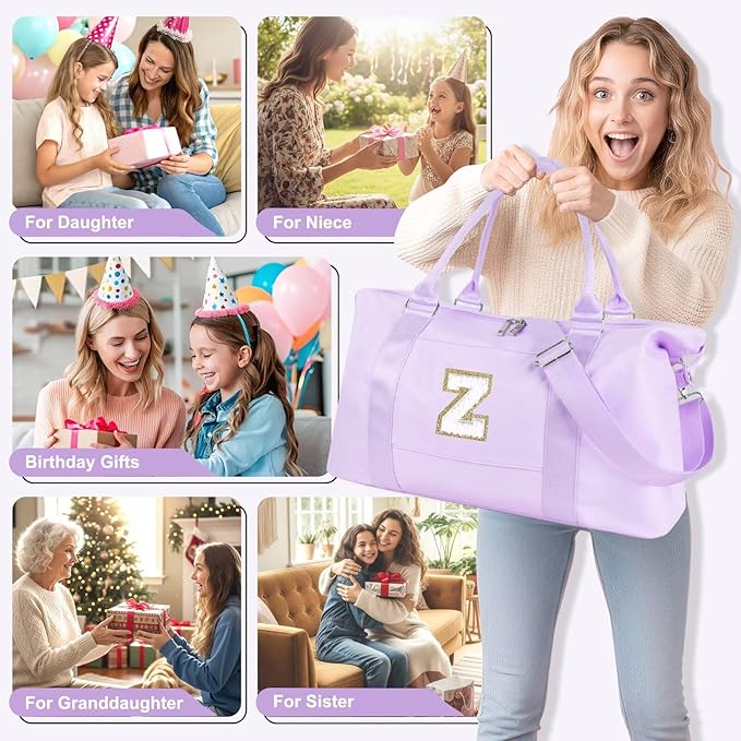 Dance Gym Duffel Bag for Teen Girls, Personalized Initial Travel Weekender Bag,Cute Overnight Carry On Duffle for Women,Sports Travel Cheer Bag,Monogram Christmas Gifts for Tween Preppy(purple-Z)