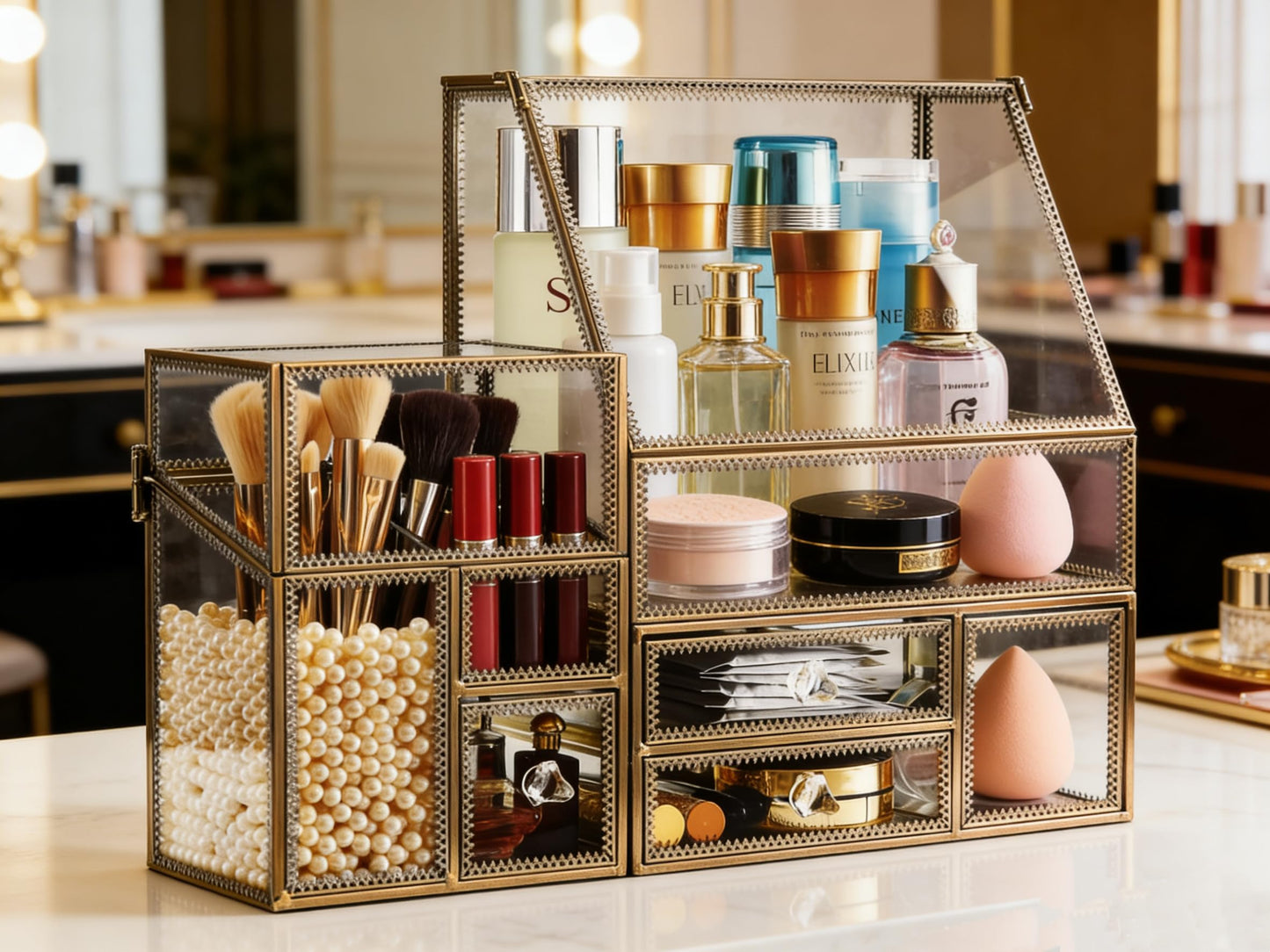 Luxury Glass Makeup Organizer Antique Bronze Metal Frame, Clear Vanity Countertop Storage Case for Cosmetics, Skincare, Perfume, Jewelry, Brush Holder & Drawers for Bathroom, Bedroom, Dressing Table