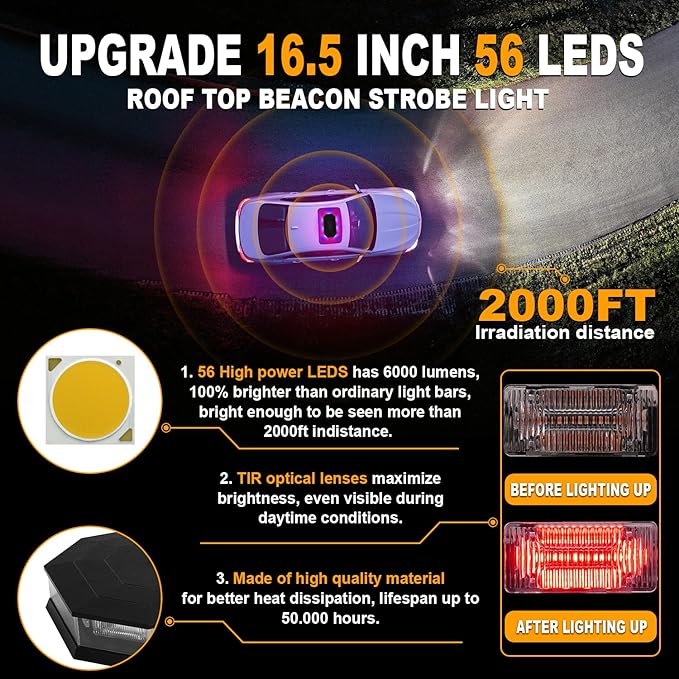 ASPL 16.5 Inch Roof Top Beacon Emergency Strobe Light with Controller 56 LED Magnetic Warning Caution lights bar Traffic Hazard Plow Light for Trucks Vehicles Construction Snowplow (Red/Blue)
