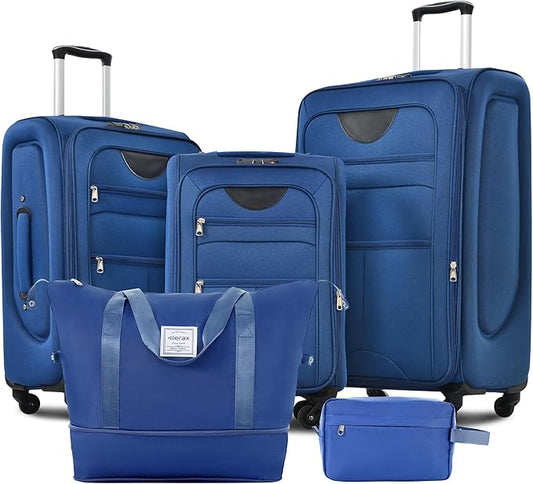Merax Softside Luggage Set 3 Piece Suitcase with Duffel Bag Spinner Wheels Lightweight Expandable Travel Luggage 22" 26" 30",Navy Blue