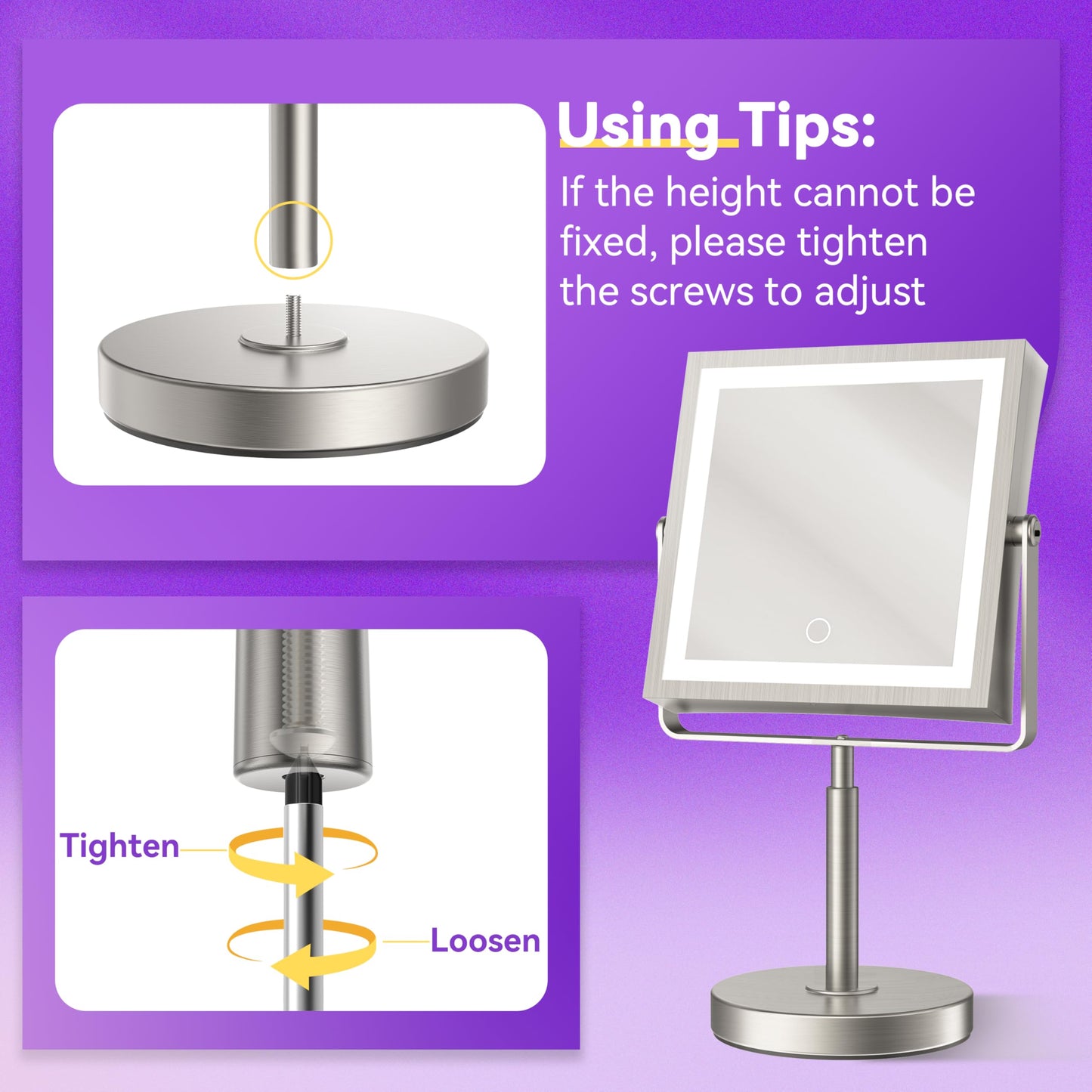 Basitool JIONIESIM Series 1X/10X Makeup Mirror with Lights, Double Sided Lighted Magnifying Mirror with 3 Colors, Height & Brightness Adjustable, Rechargeable 4000mAh Vanity Mirror (Brushed Nickel)