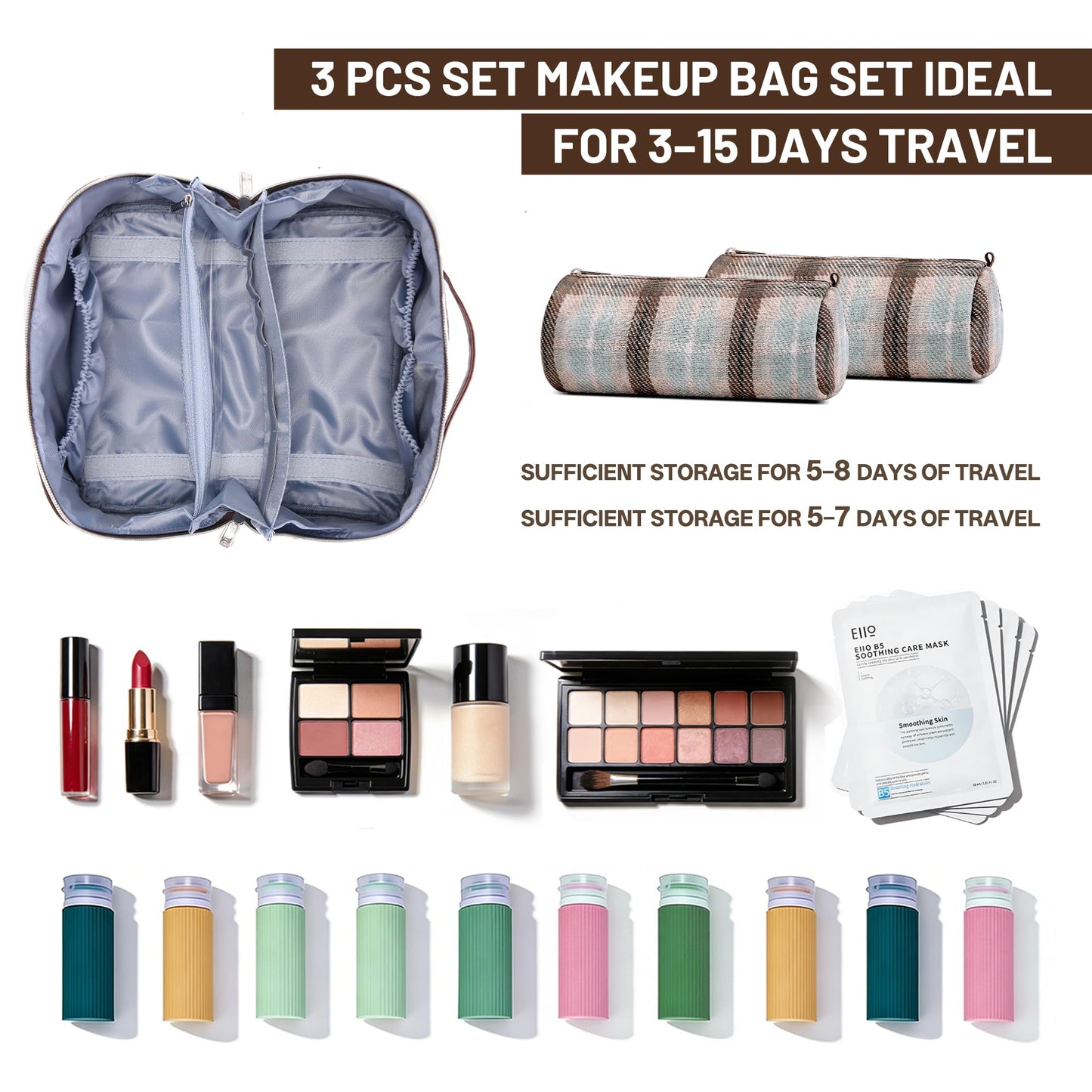 BOYATU Travel Makeup Bag for Women: Scottish Plaid 3 Pcs Set Cosmetic Organizer Bag - 180° Open Large Spacious Holds 50% More Cosmetics - Waterproof Leather Checkered Toiletry Bag (03-Beige)