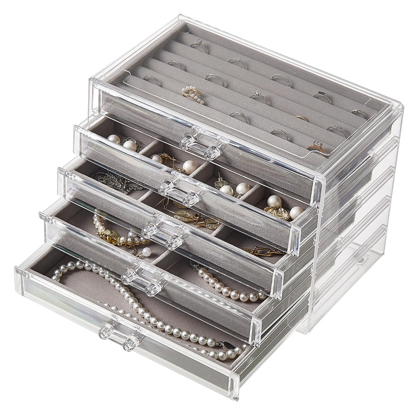 XRXYX Acrylic Jewelry Box with 5 Drawers, Clear Earring Holder Organizer Rings Display Case with Adjustable Velvet Trays for Women Girls, Grey