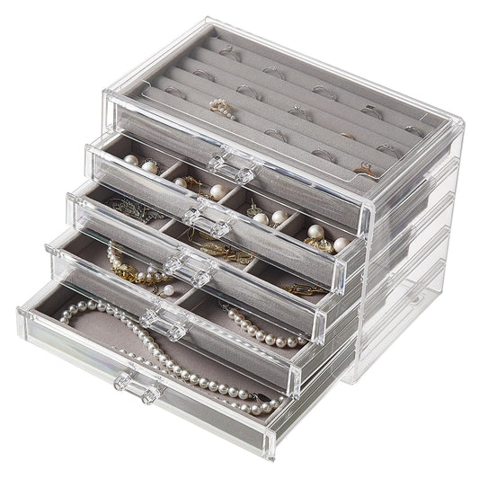 XRXYX Acrylic Jewelry Box with 5 Drawers, Clear Earring Holder Organizer Rings Display Case with Adjustable Velvet Trays for Women Girls, Grey