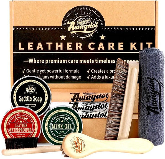 10 PCS Leather Care Kit - Horsehair Brushes,Saddle Soap,Waterproofing Wax,Mink Oil Conditioner,Polishing Cloth,Microfiber cloth,Boot Shoe Shine Cleaning Kit Gift for Men Cowboy Husband Dad ﻿