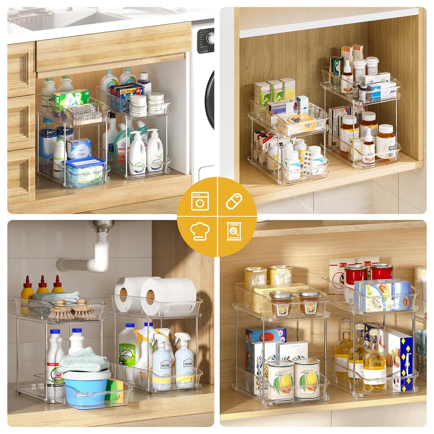 Delamu 2-Tier Under Sink Organizers and Storage, Multi-Purpose Stackable Bathroom Cabinet organizers, Pull Out Kitchen Pantry Organization and Storage with Dividers(2 Pack, Clear)