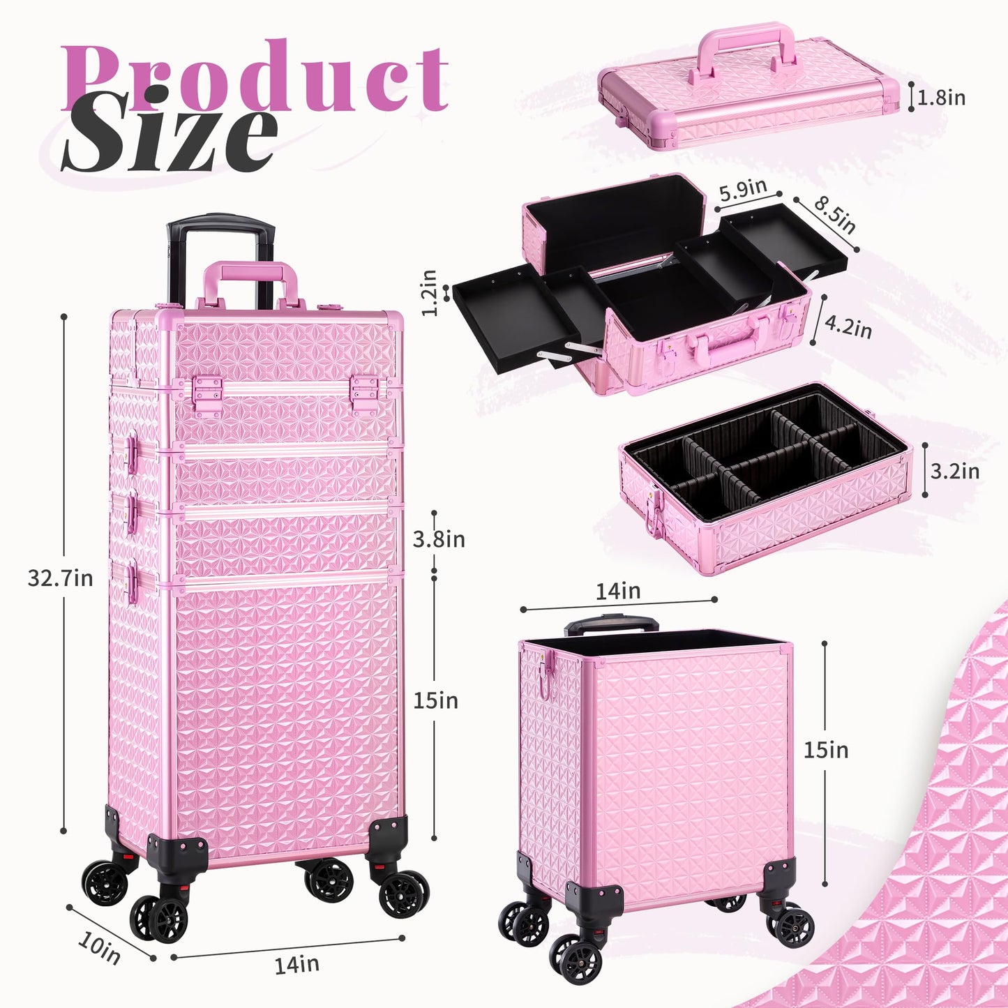 AROUS 5 in 1 Rolling Makeup Train Case Cosmetology Case on Wheels Large Cosmetic Organizer Travel Cart for Hairstylist Artist Nail Beauty Salon Barber,All Pink
