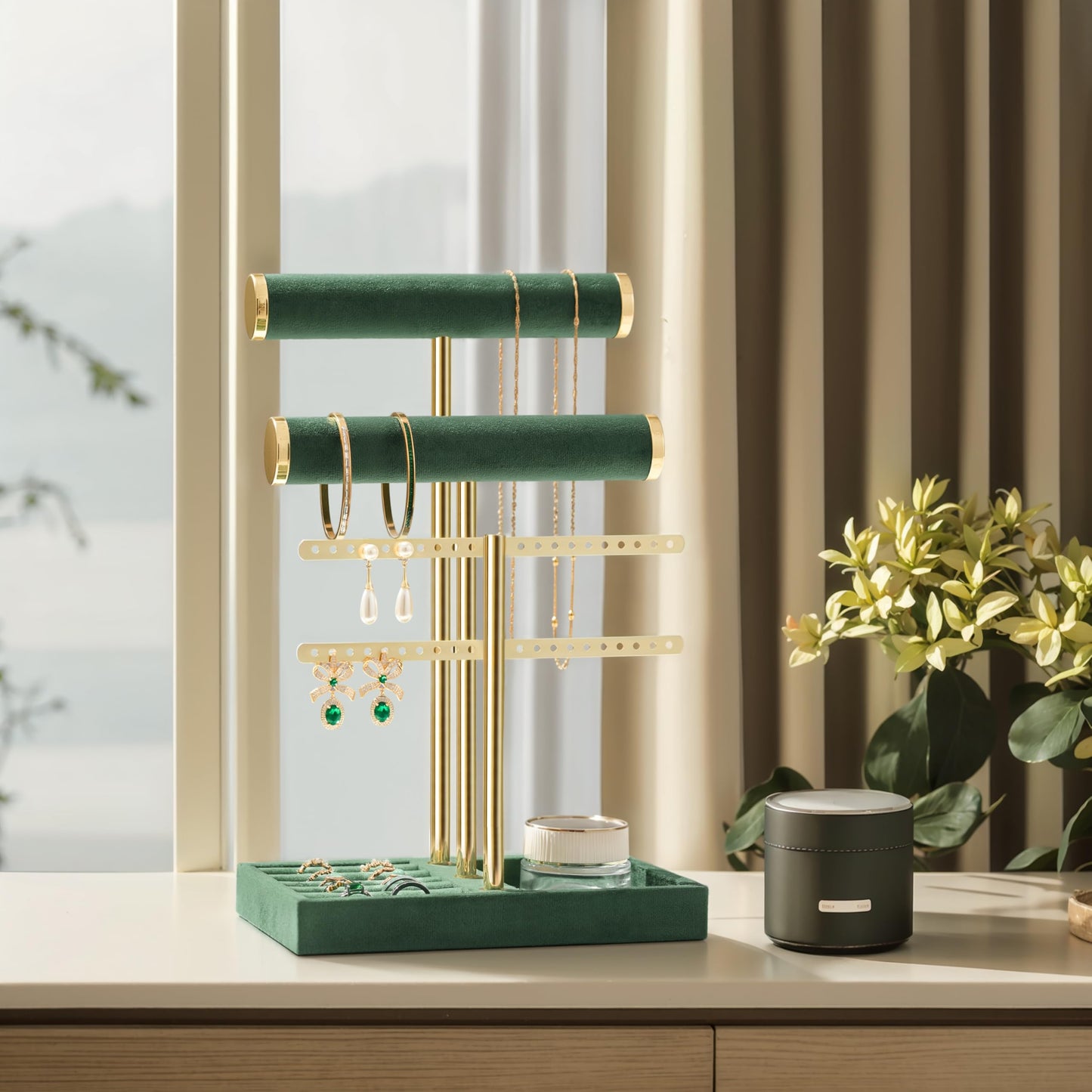 bussdis 3 Tier Bracelet Holder Display - Detachable T Bar Dark Green Velvet Bracelet Holder, Jewelry Holder Organizer for Bracelet, Necklace, Earrings, Rings