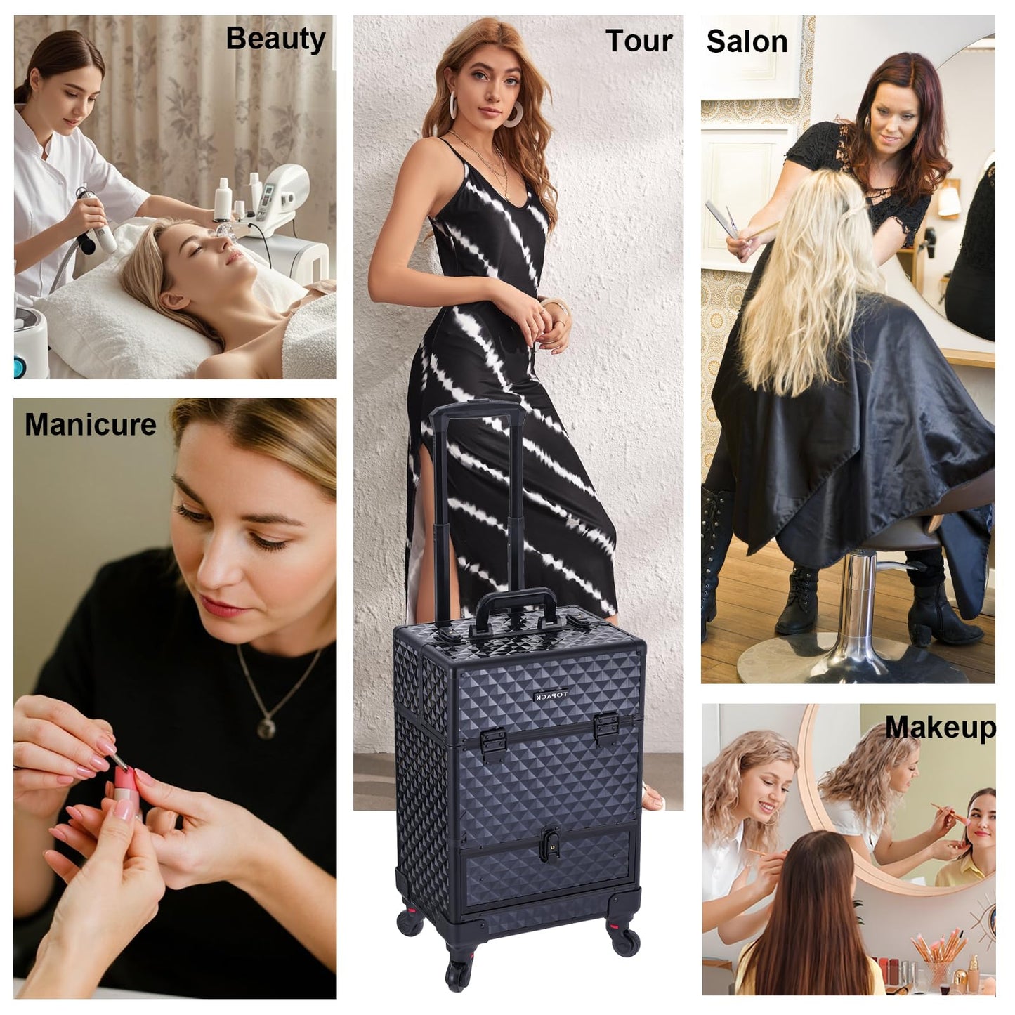TOPACK Rolling Makeup Train Case,360°Rotaing Wheel Aluminum Cosmetic Case with Trolley 4-Tray for Tattoo/Barber/Nail Tech Travel Cart Organizer 13.1 * 9.8 * 18.3in BLACK (BLACK)