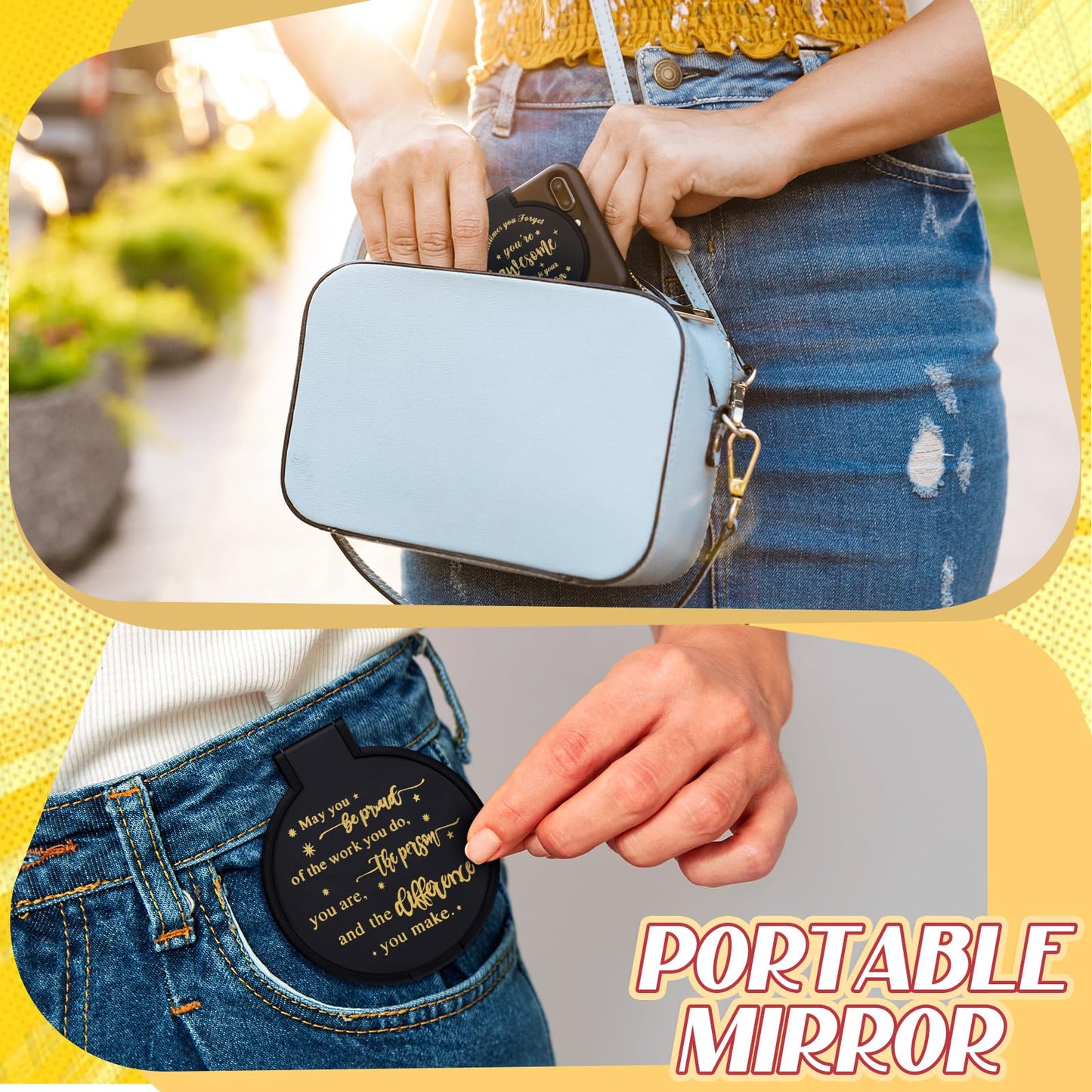 Wenqik 64 Pcs Inspirational Mini Compact Mirrors Bulk, Women Small Gifts Bulk, Group Team Party Favors, Mini Pocket Purse Mirror for Travel, Client, Guest, Wedding, Birthday, Cheerleader (Black)