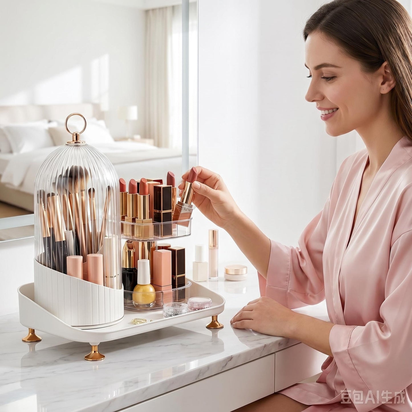 Bazhahei 3IN1 Dustproof Rotating Makeup Organizer with Birdcage Lid, 360° Spin Makeup Brush & Lipstick Storage Holder for Vanity Dresser: Ideal for Press-On Nails & Tiny Jewelry