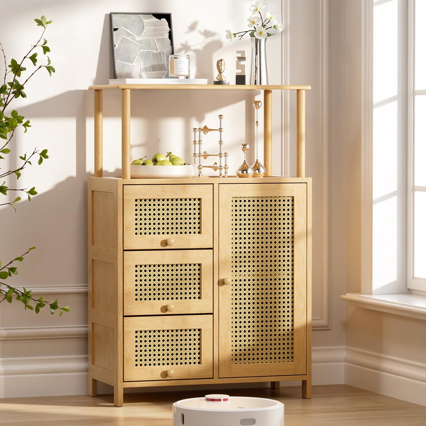 Amazer Sideboard Buffet Cabinet with Storage, Bamboo Storage Cabinets, Rattan Sideboard with Adjustable Shelf, Pantry Cupboard for Kitchen Living Room Entry Coffee Bar, Natural Color