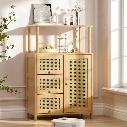 Amazer Sideboard Buffet Cabinet with Storage, Bamboo Storage Cabinets, Rattan Sideboard with Adjustable Shelf, Pantry Cupboard for Kitchen Living Room Entry Coffee Bar, Natural Color