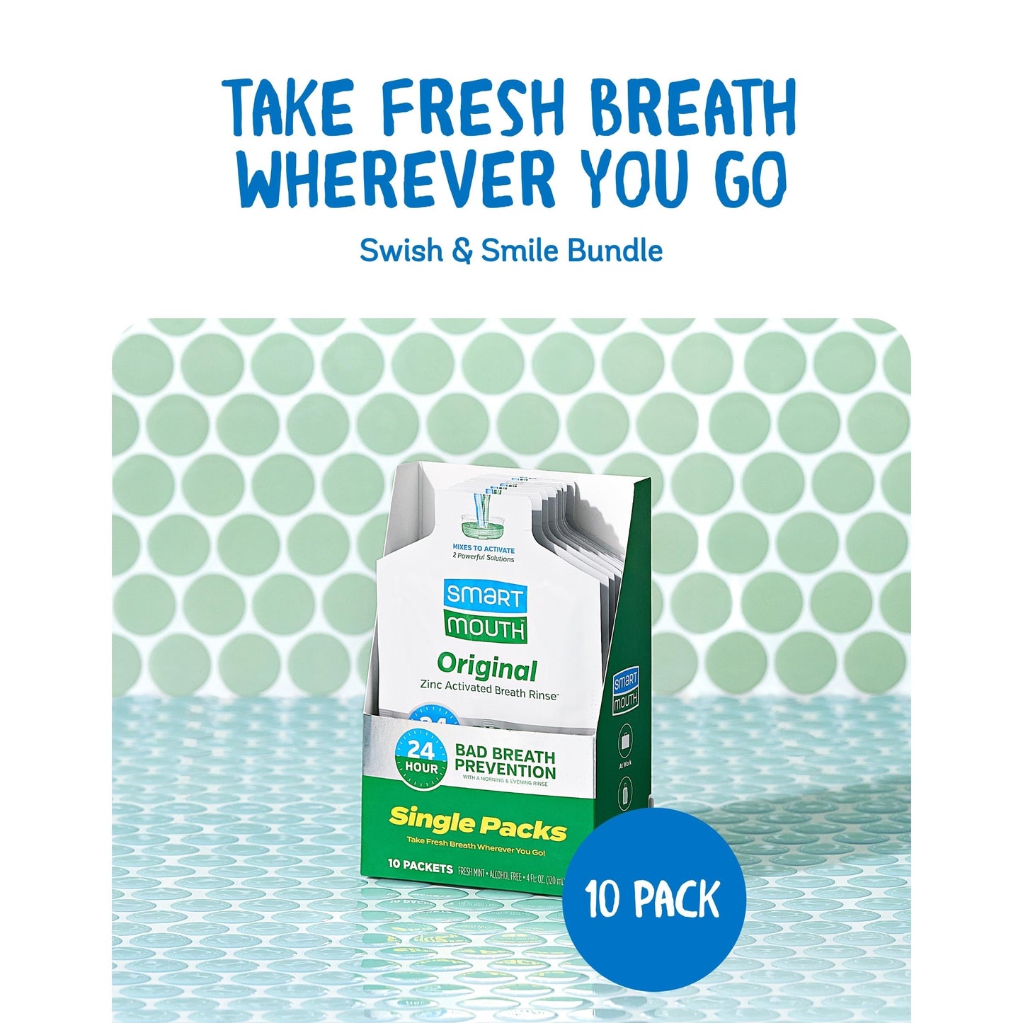 SmartMouth Original Zinc Activated Mouthwash Single Packs - Disposable Mouthwash Packets for Fresh Breath - Eliminates Bad Breath & Odors - Alcohol & Fluoride-Free - Fresh Mint - 10 Count, 2 Pack