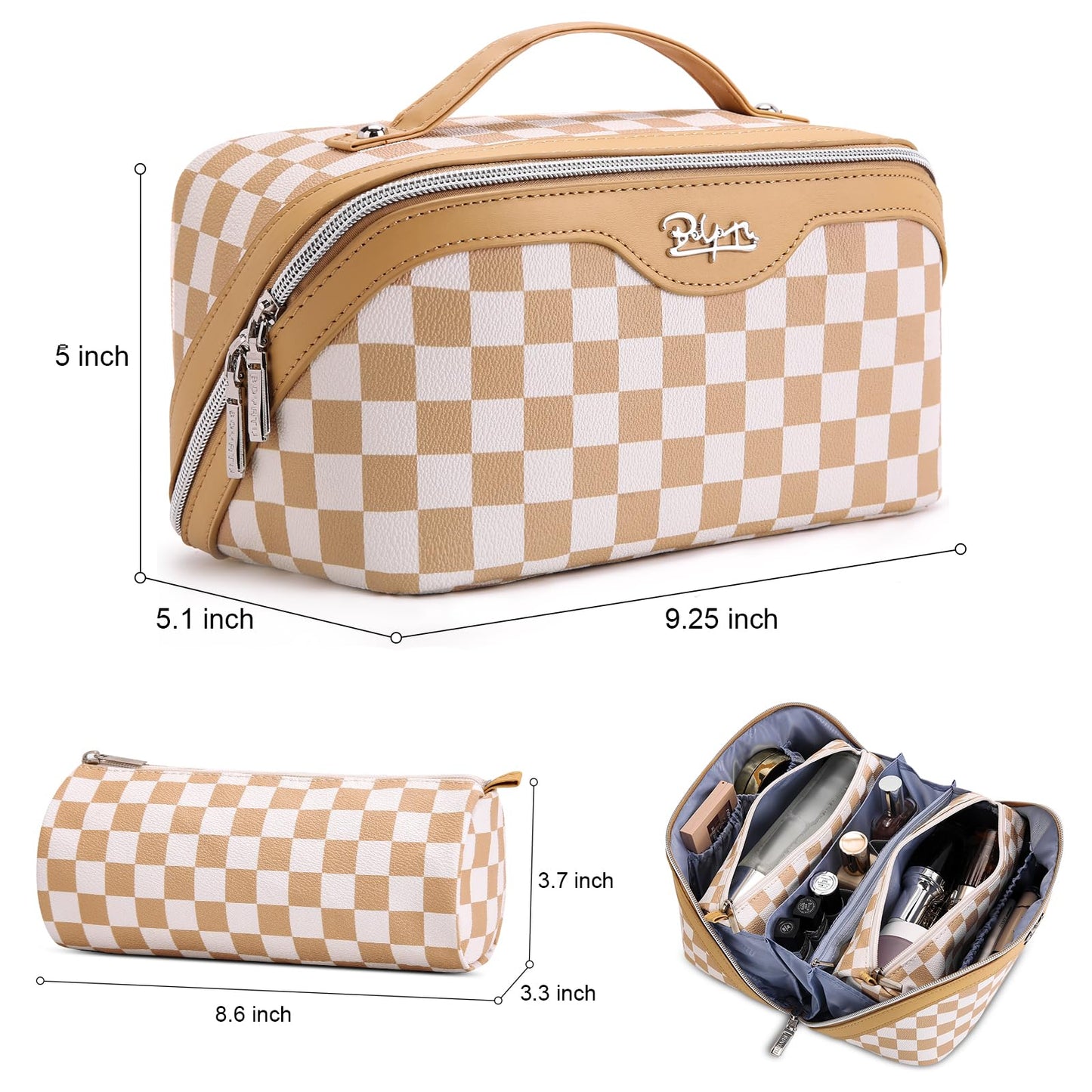BOYATU Travel Makeup Bag Organizer Cosmetic Bag: 3 Pcs Set Make up Bags for Women with Handle - Waterproof Vegan Leather Toiletry Bag (01-G-Apricot)