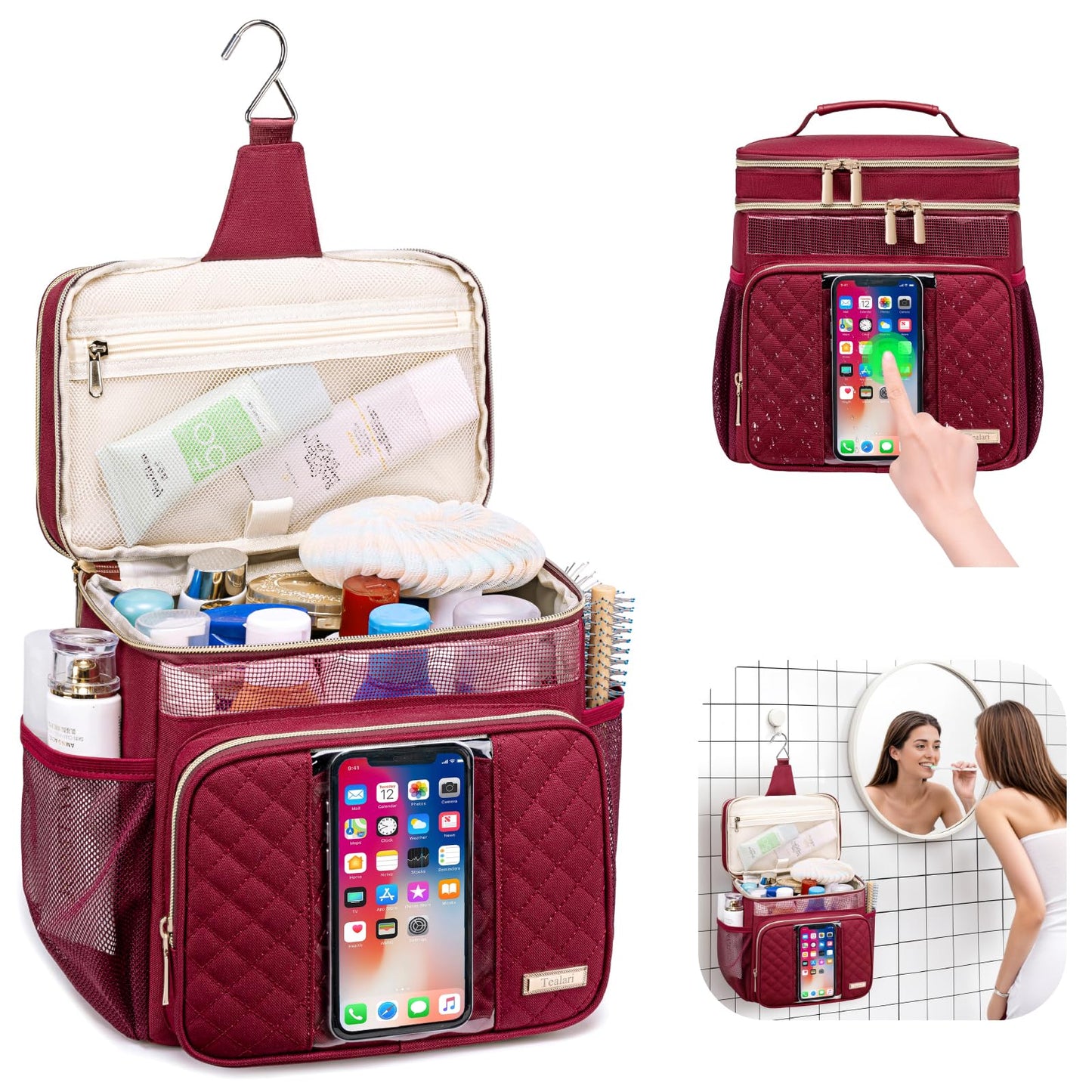 Tealari Large Toiletry Bag for Women Men,Bathroom Bag,Water Resistant Shower Bag,Makeup Bag,Portable Shower Caddy for College Dorm,Hanging Travel Toiletry Bag with Transparent Waterproof Phone Pocket