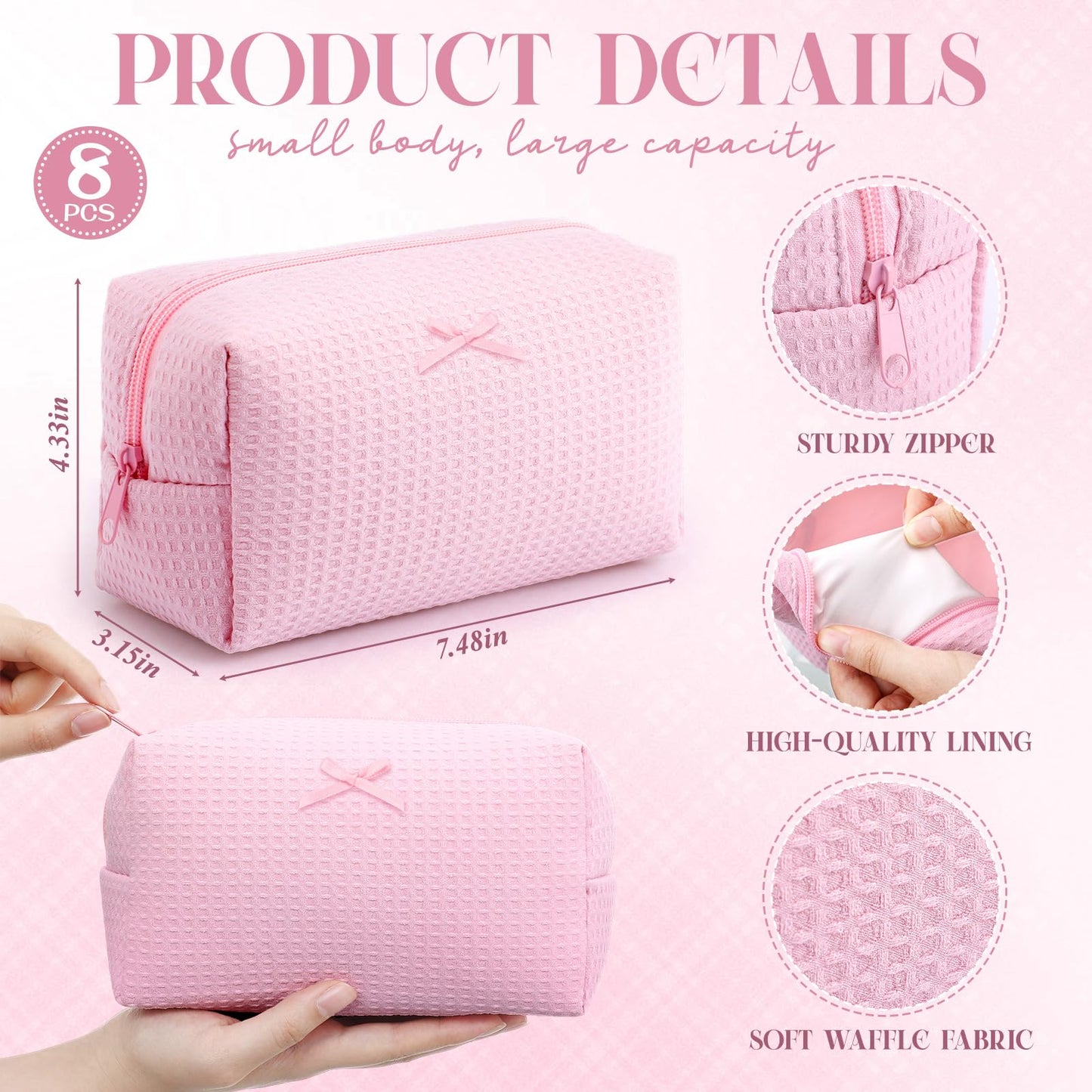 Gilprop 6 Pcs Makeup Bag Gifts for Women Cute Aesthetic Cozy Portable Travel Waffle Toiletry Bag Soft Wedding Cosmetic Organizer Summer Large Zipper Pouch with Zipper for Bridesmaid Friend(Pink)