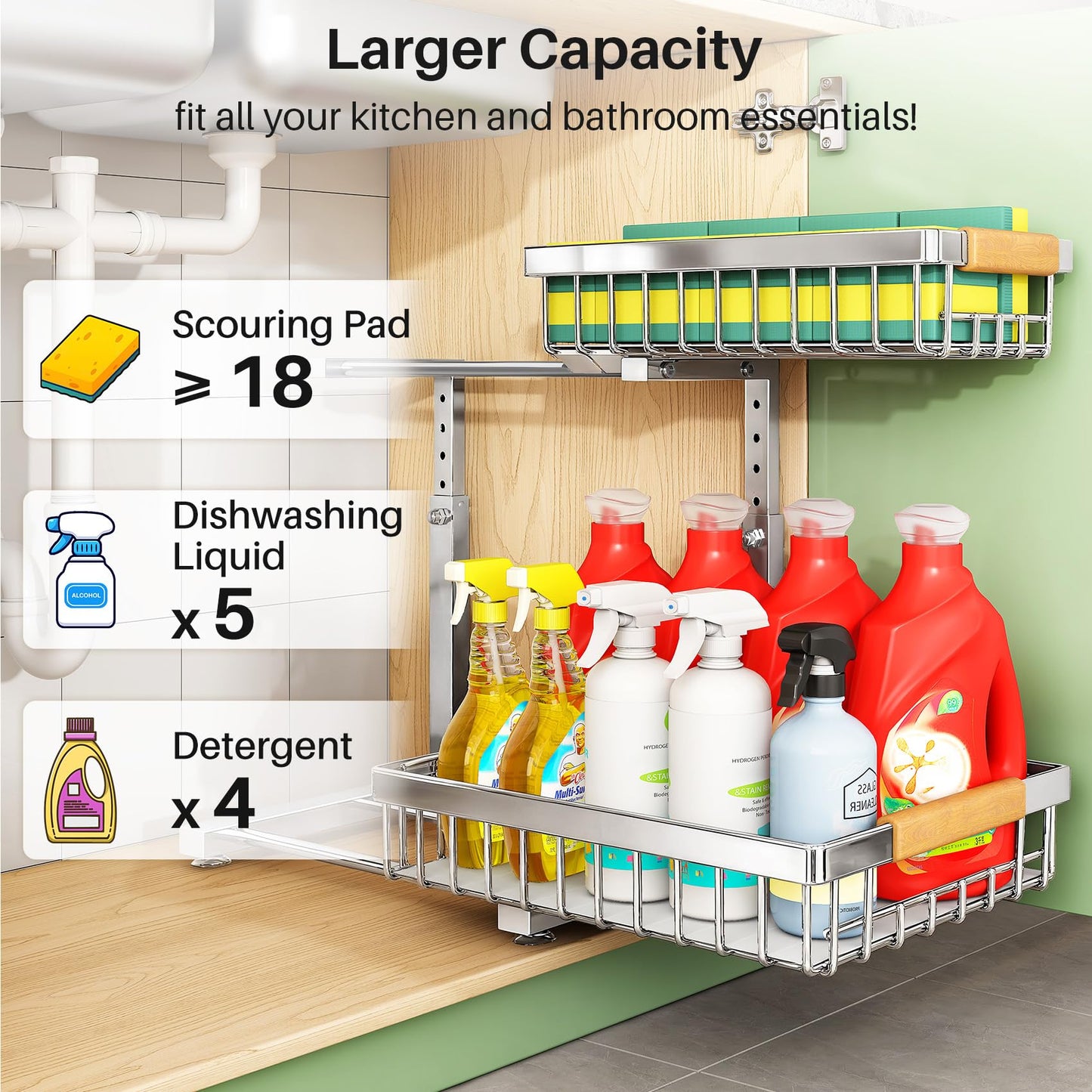 Kitstorack Under Sink Organizer, 2 Tier Under the Sink Storage, Slide out Pull out Cabinet Organizer Shelf, Metal Sliding Drawer for Kitchen Bathroom Pantry Closet Organization Rack, Silver, 1 Pack
