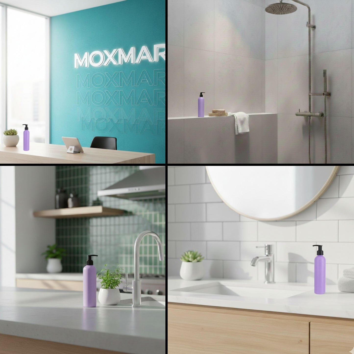 MOXMAR Pack of 4 HDPE Bottles 8.5 fl oz with Black Cream Pump + 2 Funnels & Labels | Refillable Plastic Dispenser Bottles for Lotion and Everyday Use (4, Lavender Bottle + Black Pump, 8.5 fl oz.)
