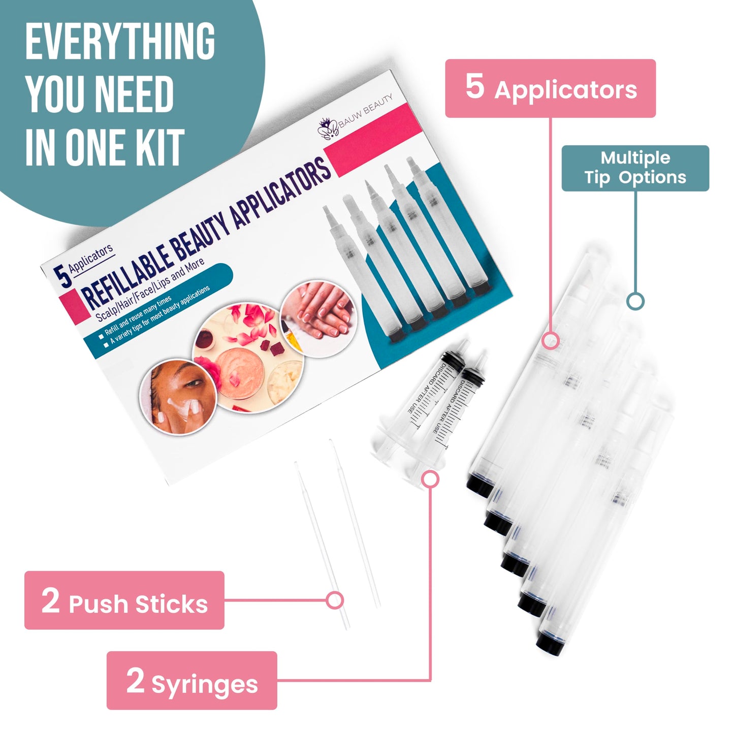 Refillable Beauty Applicator Pens (5 Pack) — BAUW Beauty DIY Precision Kit with 5 Different Tips (Fine Brush, Wide Brush, Flocking, Exfoliation, Silicone) for Hair, Scalp, Face, Lips & Cuticles