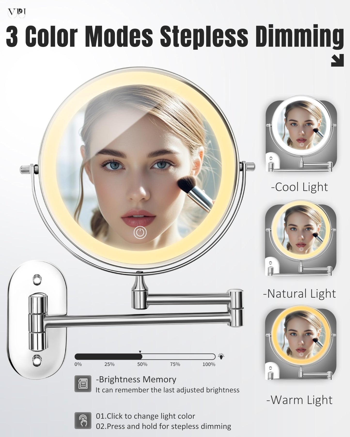 Wall Mounted Makeup Mirror with Light, 30X/1X 8'' Double Sided LED Magnifying Bathroom Lighted Vanity Mirror with Magnification, 3 Color Light up Touch Dimmable Extended Arm 360 Rotation