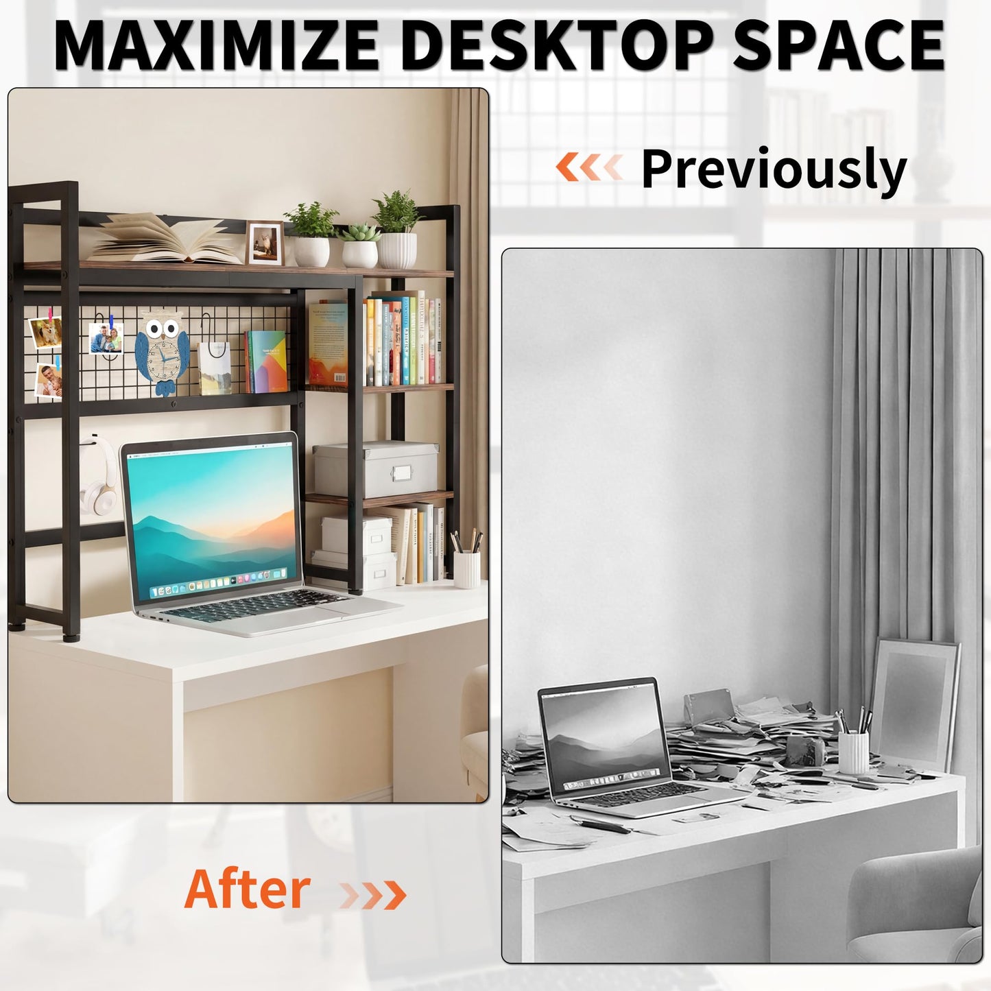 GYXZ Desktop Shelf, 38.5'' Desktop Organizer Shelf for Computer Monitor, 4 Tier Hutch Storage Rack for Home Office Dorm, Rustic Brown