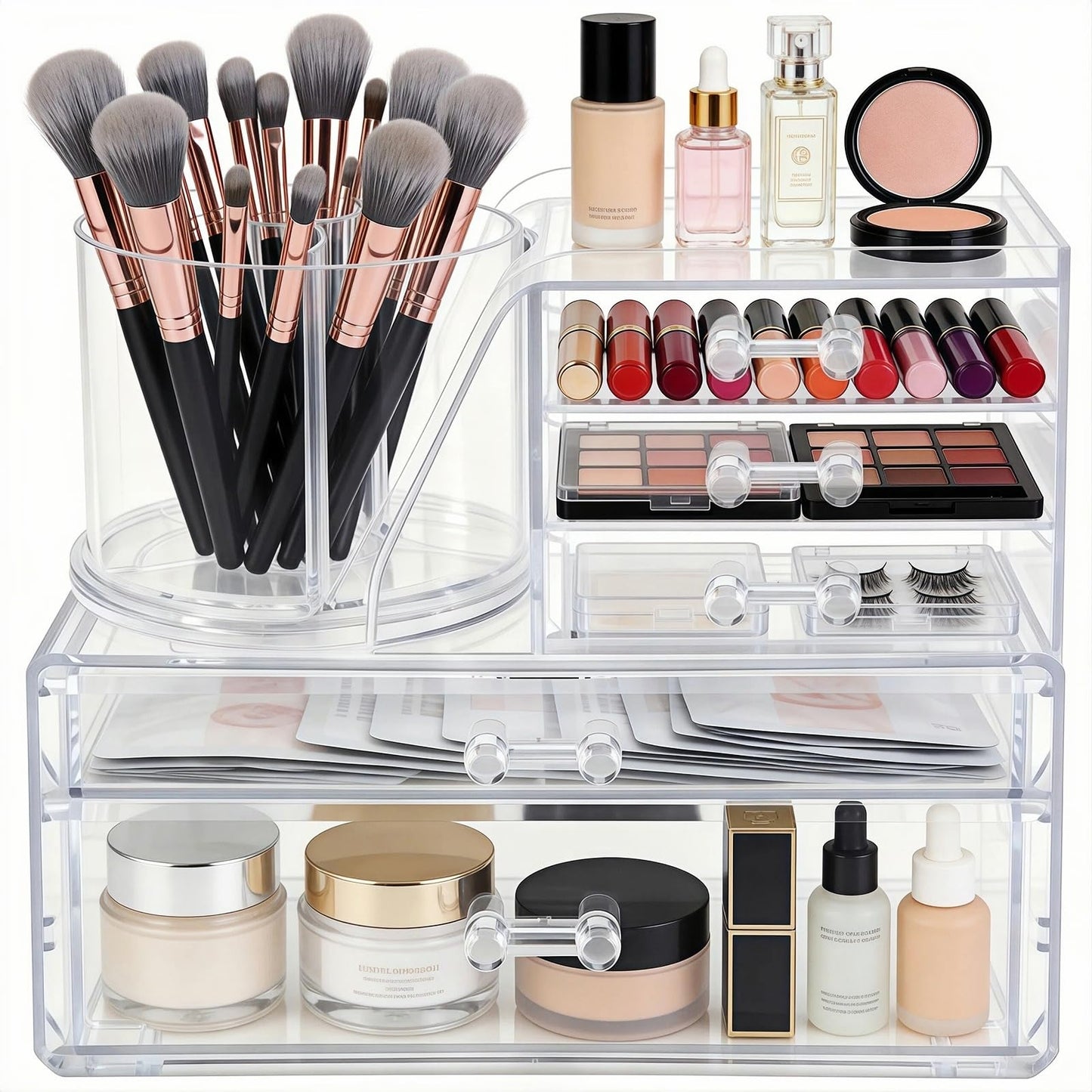 Mjepludh Clear Acrylic Makeup Organizer Countertop 360° Rotating & Removable Storage Tower, 5 Drawers Vanity Organizer for Lipstick, Brush, Skincare Makeup Storage for Dresser, Bathroom or Desk