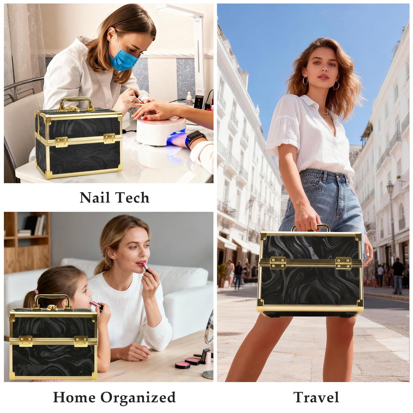 GALHUBIS Makeup Train Case, Portable Makeup Case with Mirror, 2-Trays Cosmetic Organizer Case,Nail Polish Organizer, Travel Makeup Box, Profesional for Salon Barber, Black Gold