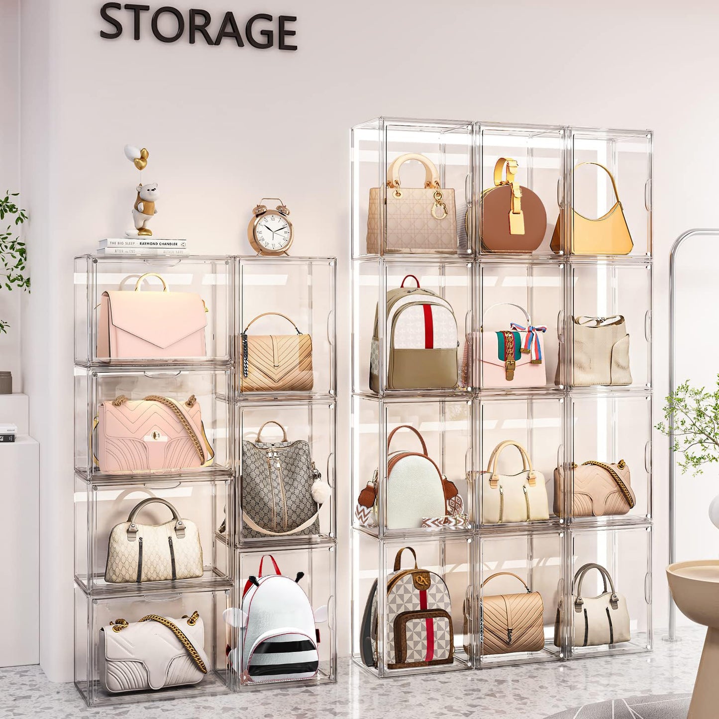 FODIENS 4 Packs Clear Handbag Storage Organizer for Closet, Acrylic Display Case for Purse Handbag, Stackable Purse Organizer Storage Box with Magnetic Door for Wallet Book Toys Collectibles