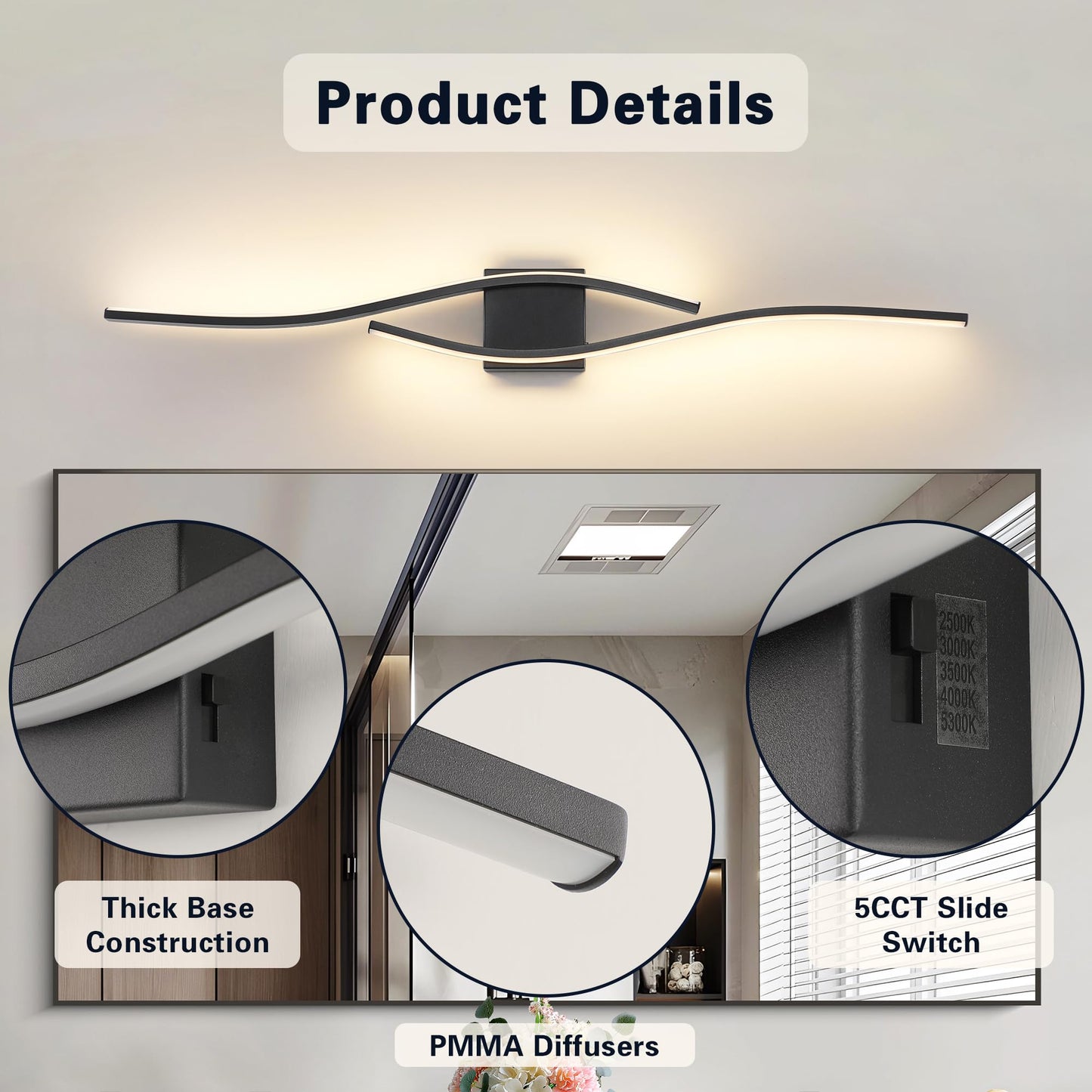Joossnwell Bathroom Light Fixture Over Mirror 39.37 Inch Vanity Lights Bar for Bathroom Dimmable 5CCT Modern Vanity Light Black Led Bath Light Wall Lamp