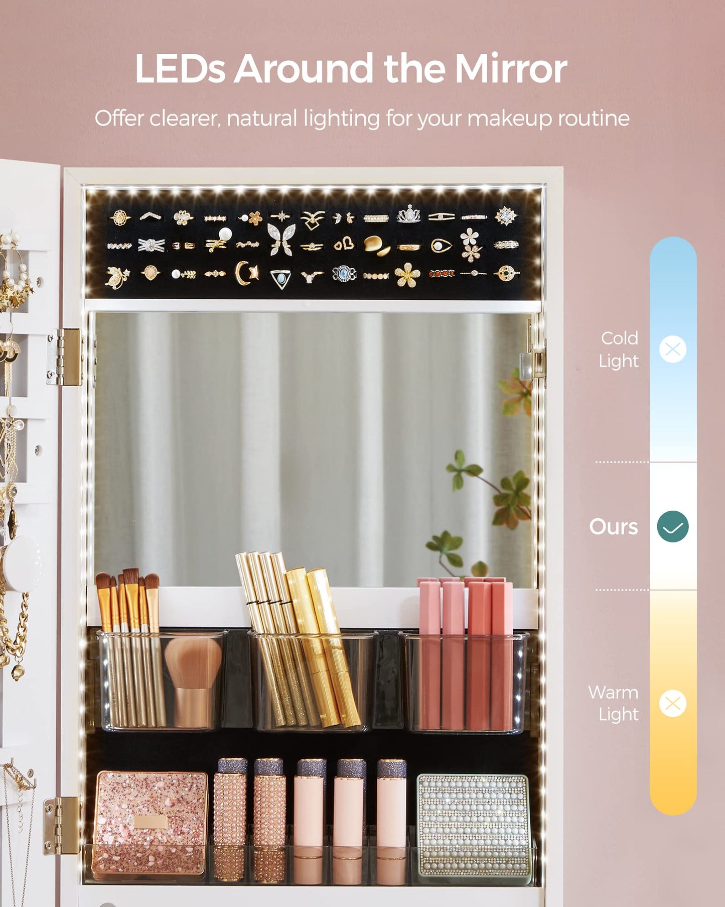 SONGMICS Mirror Jewelry Cabinet Armoire Organizer, Wall or Door Mount Storage Cabinet with Full-Length Frameless Lighted Mirror, Built-in Makeup Mirror, 2 Drawers, Lockable, White UJJC013W01