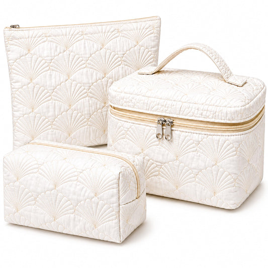 A Lots MiLi 3 Pcs White Shell Quilted Makeup Bag Set - Coquette Cotton Cosmetic Bags for Women, Coastal Makeup Pouch, Large Travel Toiletry Bag for Makeup, Skincare and Purse Essentials