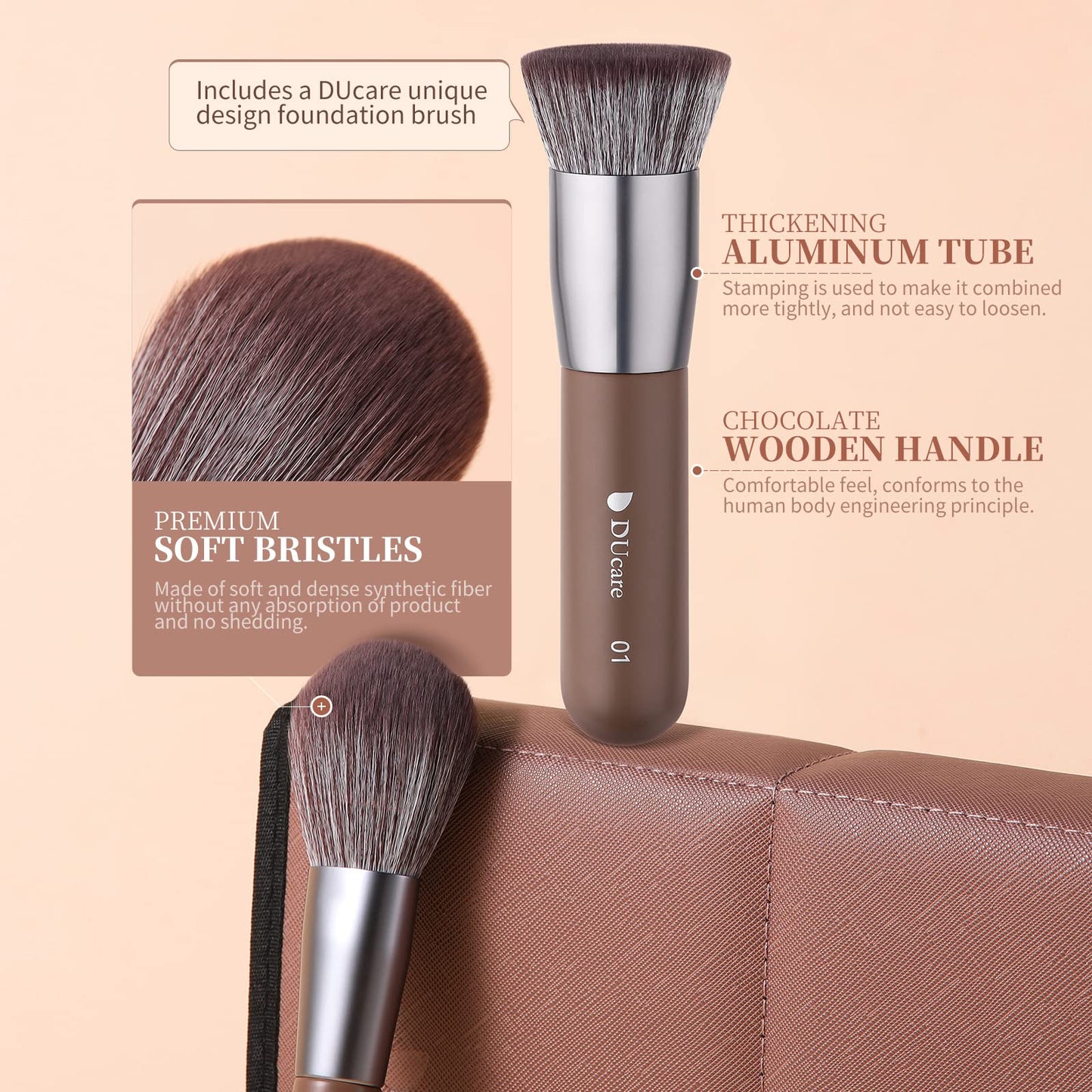 DUcare Makeup Brushes Professional with Bag+Duo End Foundation Powder Buffer and Contour Brushes