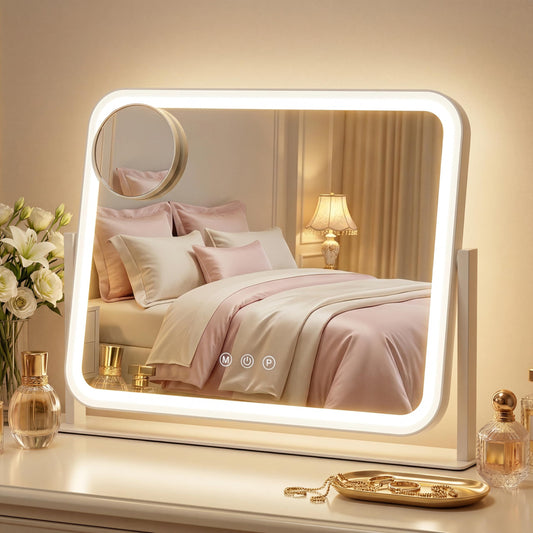 E-MeySource Vanity Mirror with LED Lights, 16.4x12.2 Inch Makeup Mirror, 3-Color Dimmable Touch Screen, 5X Magnification, 360° Rotation, White Round Corner Large Tabletop Mirror for Bedroom Vanity