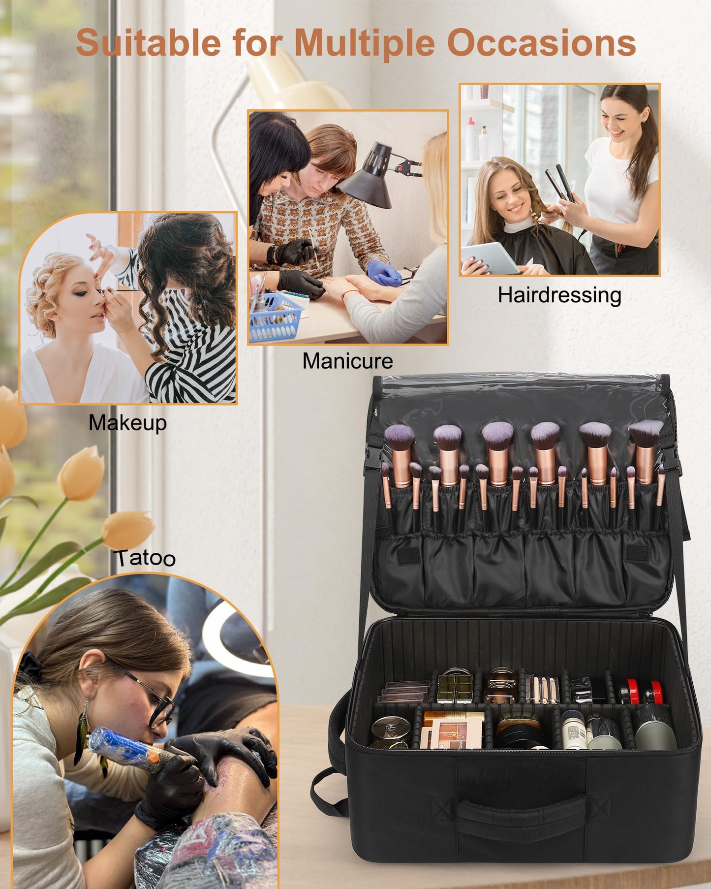 Relavel Makeup Bag Travel Train Case Makeup Backpack with 4 Clear Bags & Makeup Brush Case, Professional Makeup Artist Kit Set Bags, Cosmetics Storage Organizer Box with Adjustable Dividers, Black