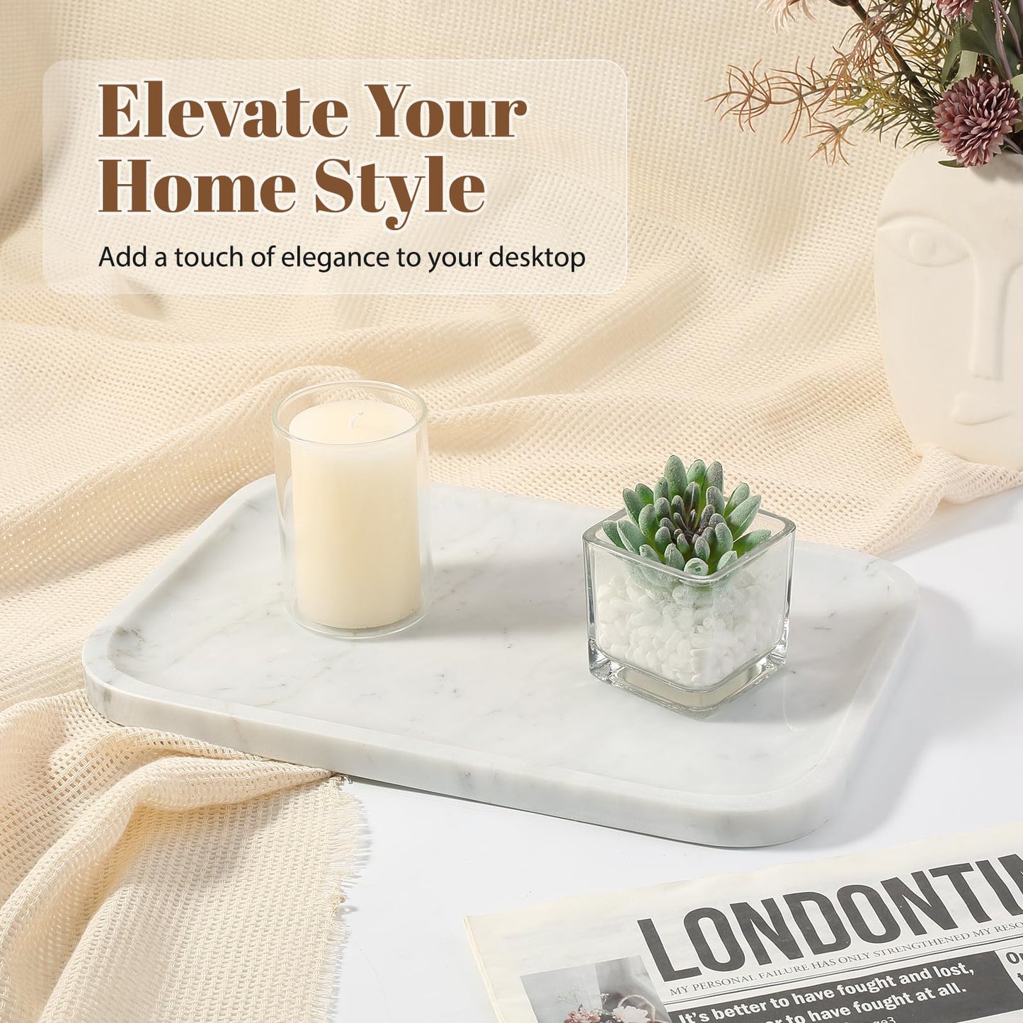 Koville Marble Tray, 12"x8" Bianco Carrara Marble Vanity Tray for Countertop Bathroom Kitchen Dresser, Decorative Catchall Trays for Perfume Jewelry, Rectangular Stone Serving Tray