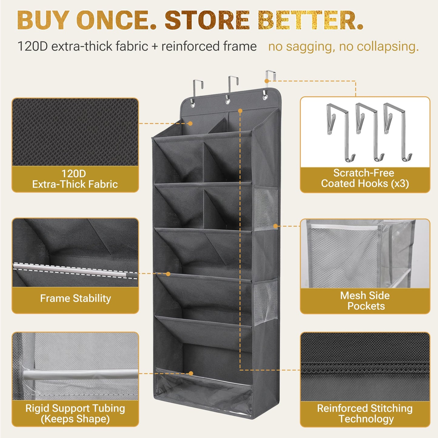 HOMELUX THEORY Hanging Shoe Organizer for Closet, 6 Tier Over the Door Shoe Organizer 120D Extra Thick with Deep Pockets, Shoe Rack for Closet & Entryway, with 4 Side Storage Pockets (Transparent)