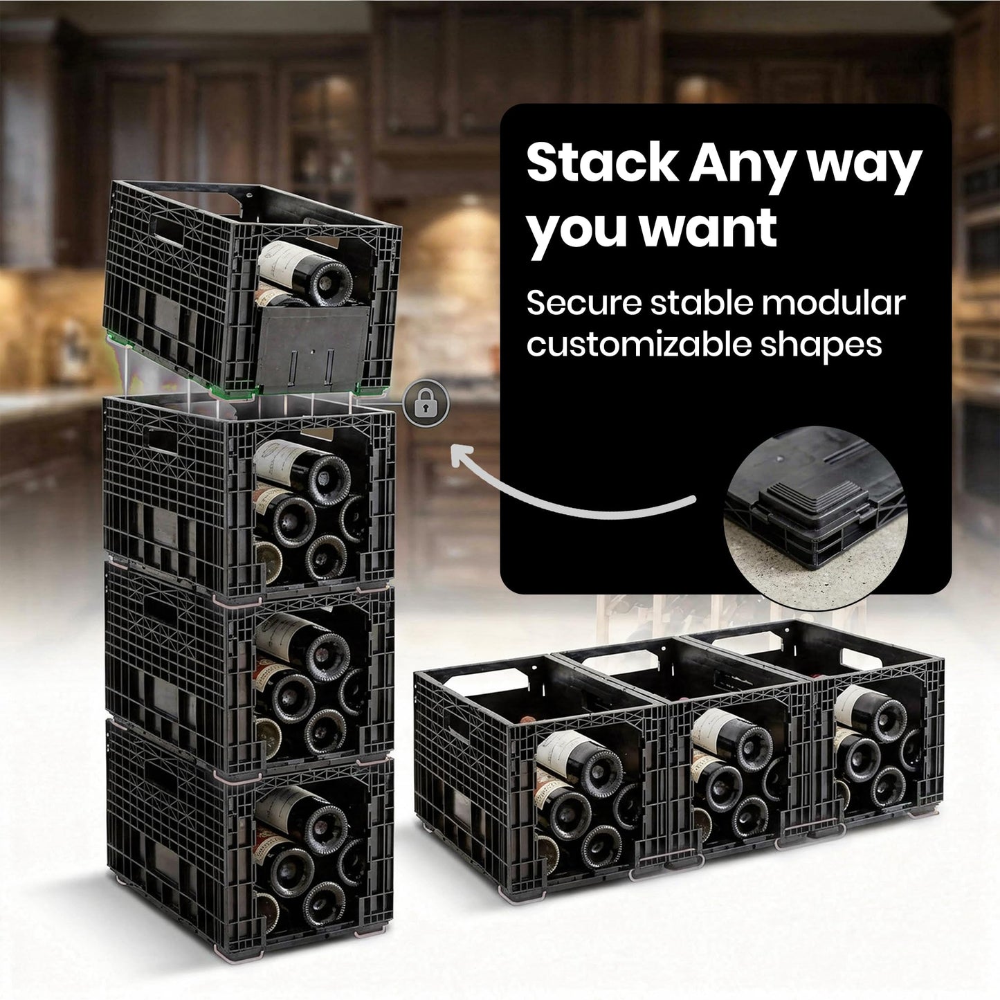 Stackable Wine Storage Crates Modular System, 12 Bottle Capacity per Crate, Dual Access Horizontal Wine Rack Organizer | Recycled Plastic for Cabinet, Cellar & Home Bar, Set of 6