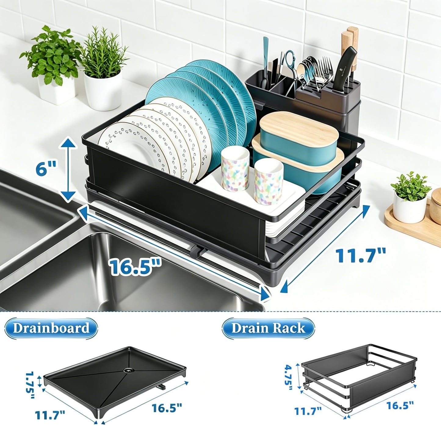 Simple Trending Dish Drying Rack, Space-Saving Large Dish Rack for Kitchen Counter, Anti-Rust Dish Drainer with Cutlery & Cup Holders, Black