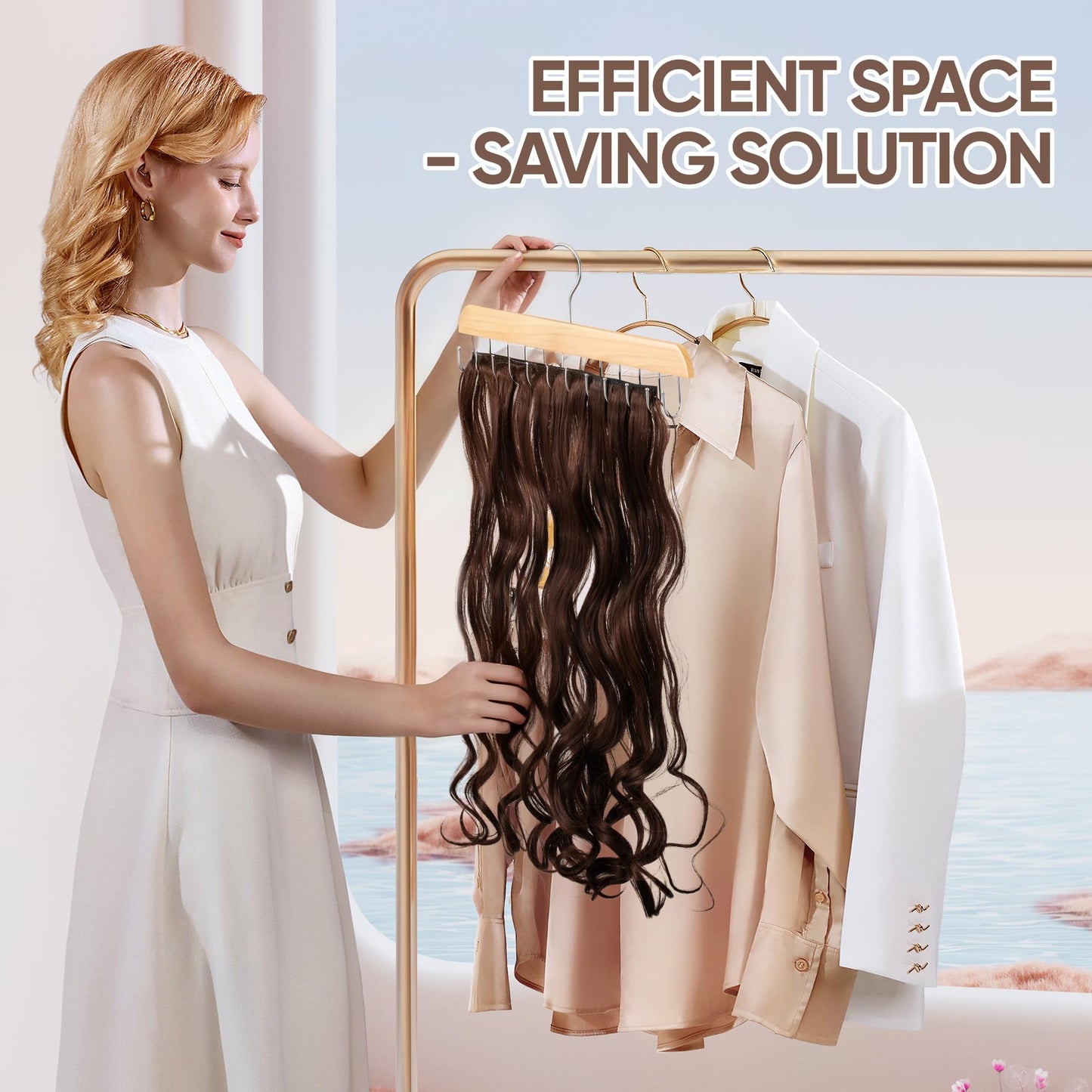 【2 Pack】 Wood Hair Extension Holder for Hair Storing, Washing, Drying, Coloring, Styling, Foldable Hair Extension Hanger, Braiding Hair Rack, Rotating Multi-Purpose Hooks Hanger