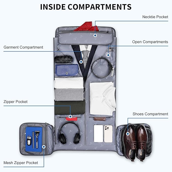 WITZMAN Garment Duffle Bags for Travel Mens Large Convertible Carry On Suit Garment Bag for Men Hanging Clothes with Shoe Compartment（B725 Black）