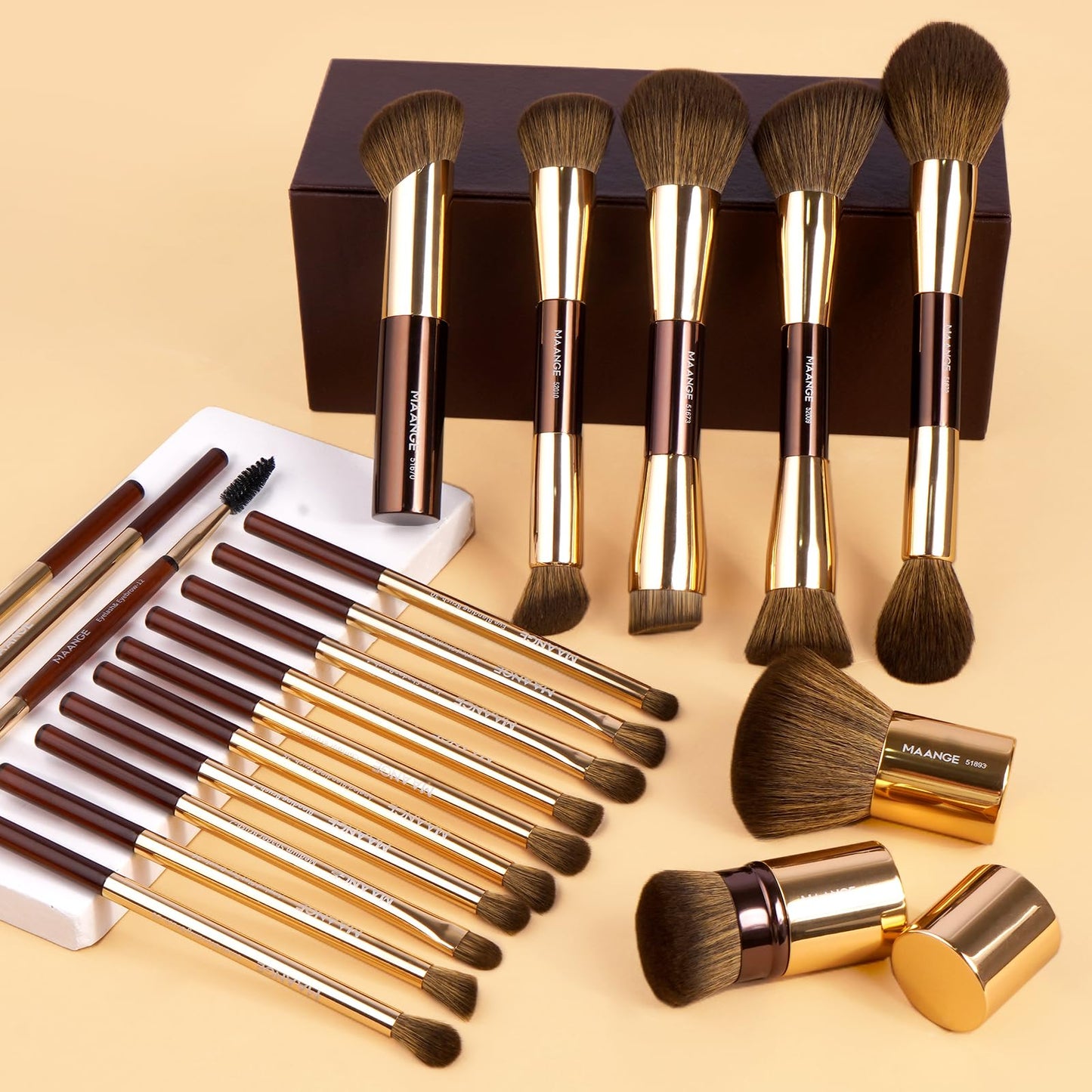 MAANGE 20 Pcs Makeup Brushes with Gift Box, Double-End Multi-functional Makeup Brushes for Blending Liquid Powder Concealer Cream Blush Buffe,Coffee Gold