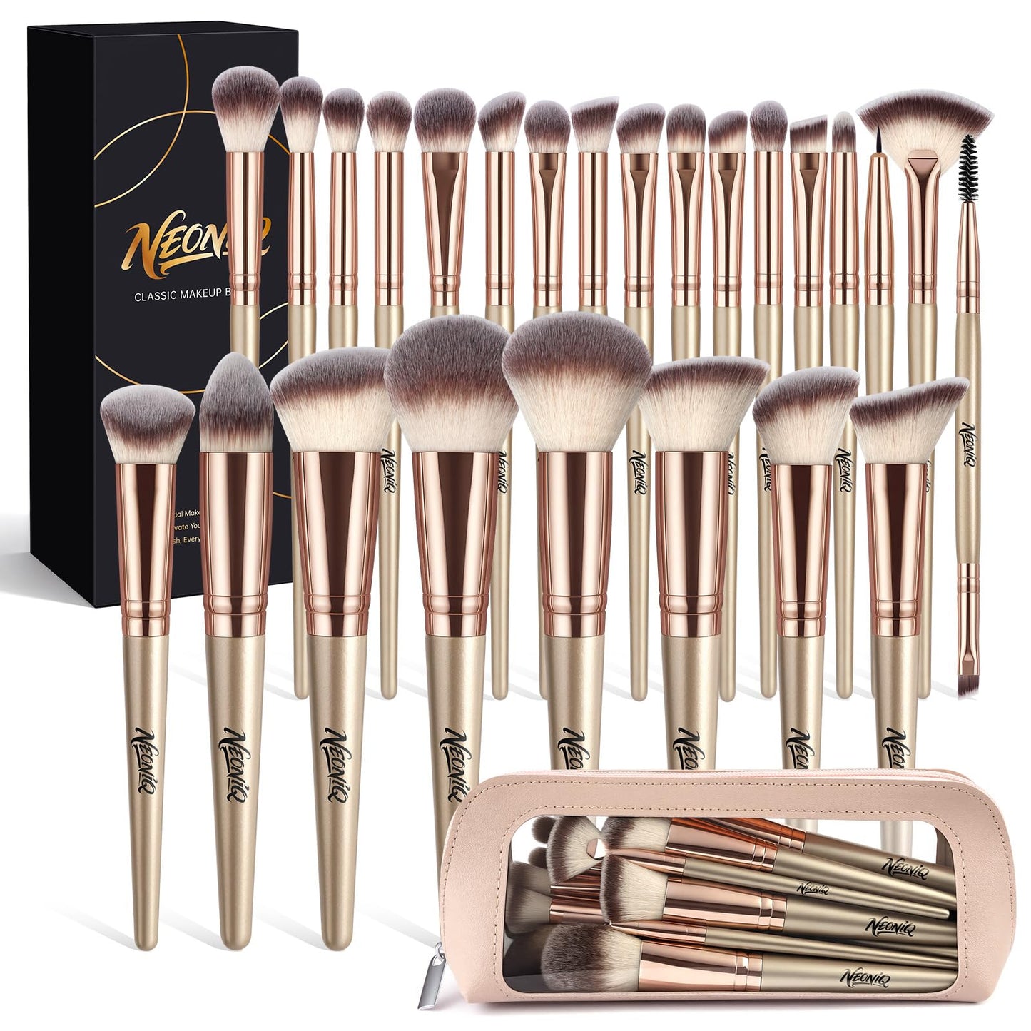 NEONIQ 25PCS Makeup Brushes Set with Travel Case, Professional Makeup Brush Kit for Foundation, Concealer, Powder, Eyeshadow & Blush, Essential Cosmetic Tools, Portable Travel Gift Set (Gold)
