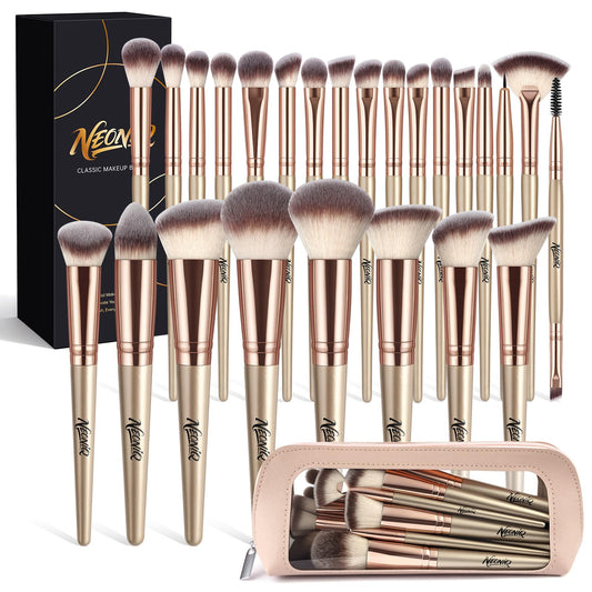NEONIQ 25PCS Makeup Brushes Set with Travel Case, Professional Makeup Brush Kit for Foundation, Concealer, Powder, Eyeshadow & Blush, Essential Cosmetic Tools, Portable Travel Gift Set (Gold)