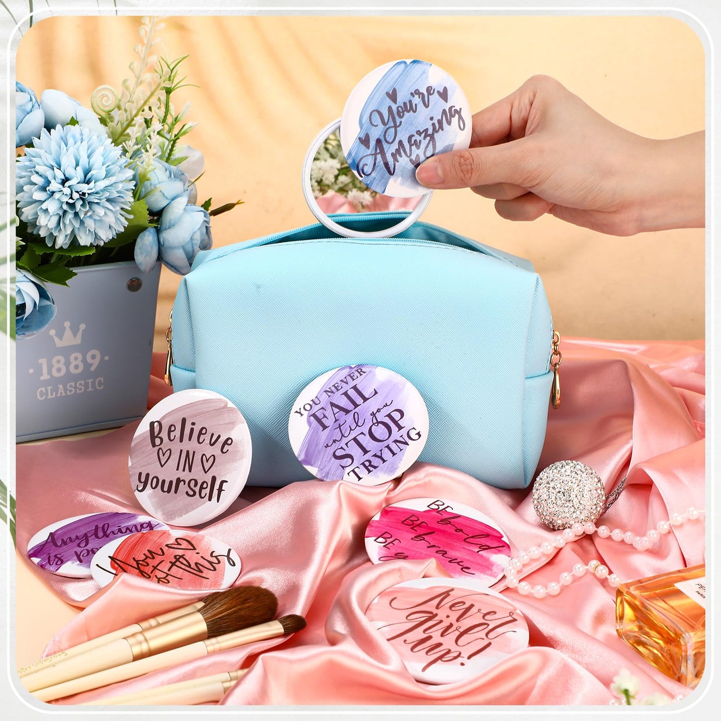 Kigley 30 Pcs Inspirational Compact Mirrors Bulk for Women Employee Appreciation Gifts Round Portable Pocket Mirror Makeup Glass Mini Mirrors Thank You Gifts for Women Teacher Employee Staff