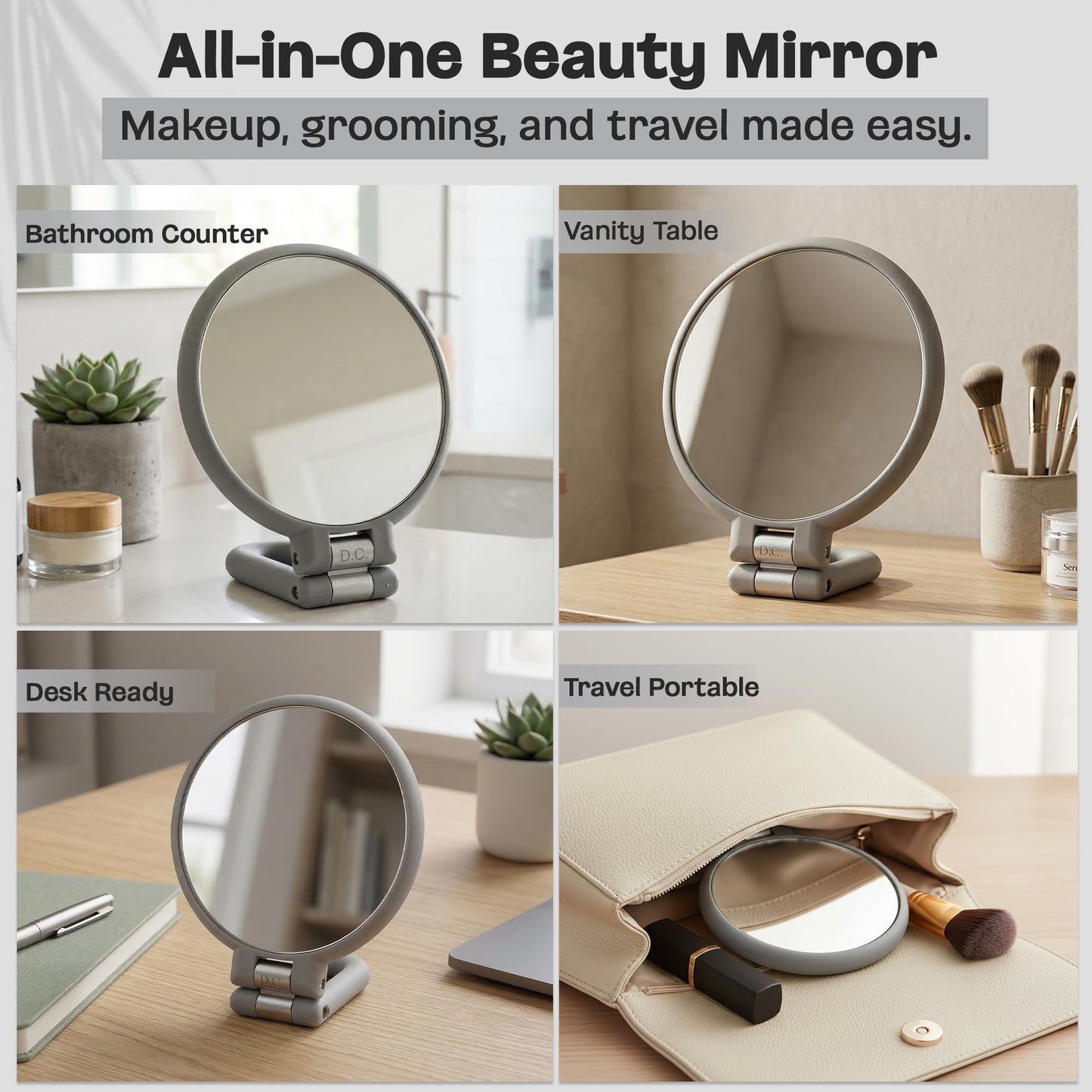 Danielle Magnification Folding Makeup Mirror, Grey, 15X