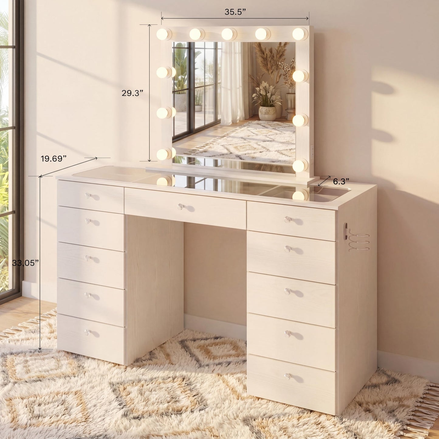 Boahaus Zoey Vanity Desk with Framed Bulb Mirror – 11 Drawer Makeup Station with Glass Top & Jewelry Divider